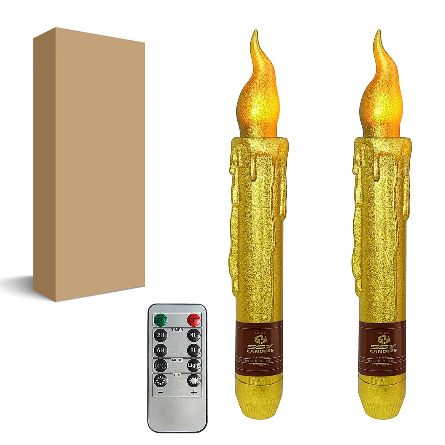 Golden Flameless Short Taper Candles, Drip LED Battery Operated with Remote, Flickering Flame Lights for Festival Party Home Décor, 6.7 Inch Primitive Flameless Candles, 2PCS