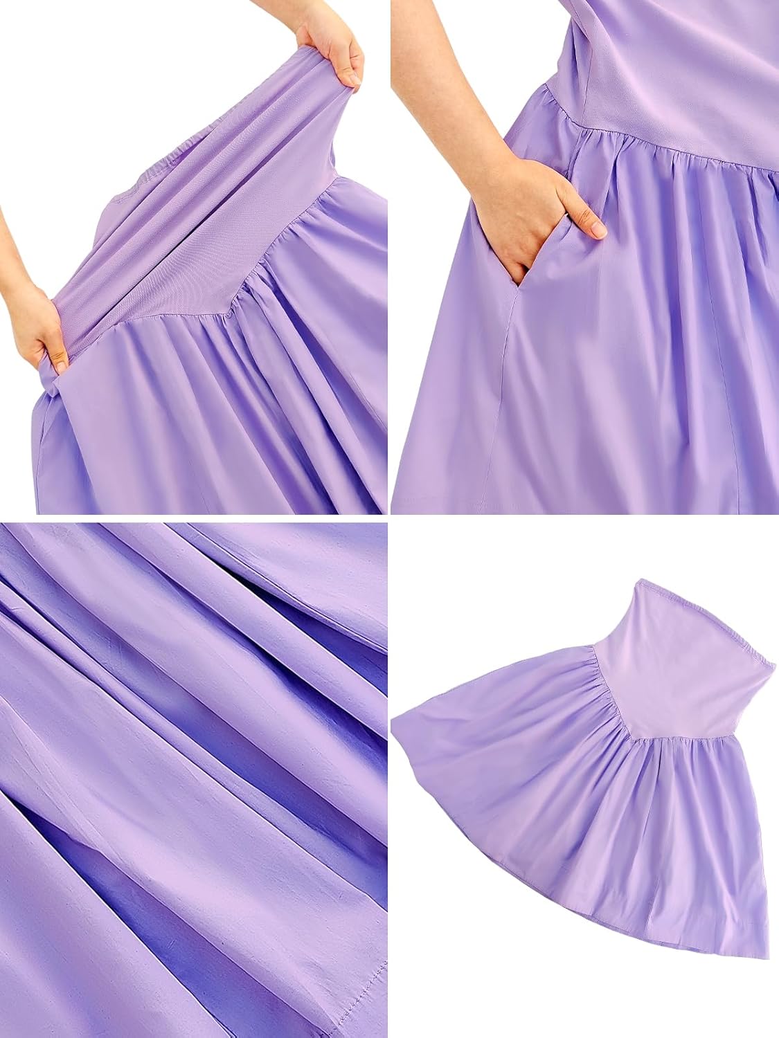 Summer Solid Strapless Mini Dress for Women Tube Top Dresses Patchwork Pleated Drop Waist Flared Beach Dress - Image 5