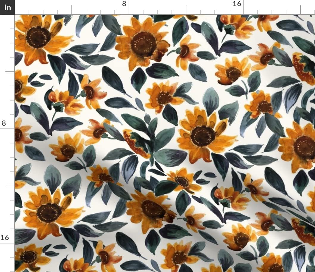 Spoonflower Fabric - Sunset Sunflowers Teal Leaves Flower Yellow Floral Gold Summer Daisy Printed on Petal Signature Cotton Fabric by The Yard - Sewing Quilting Apparel Crafts Decor