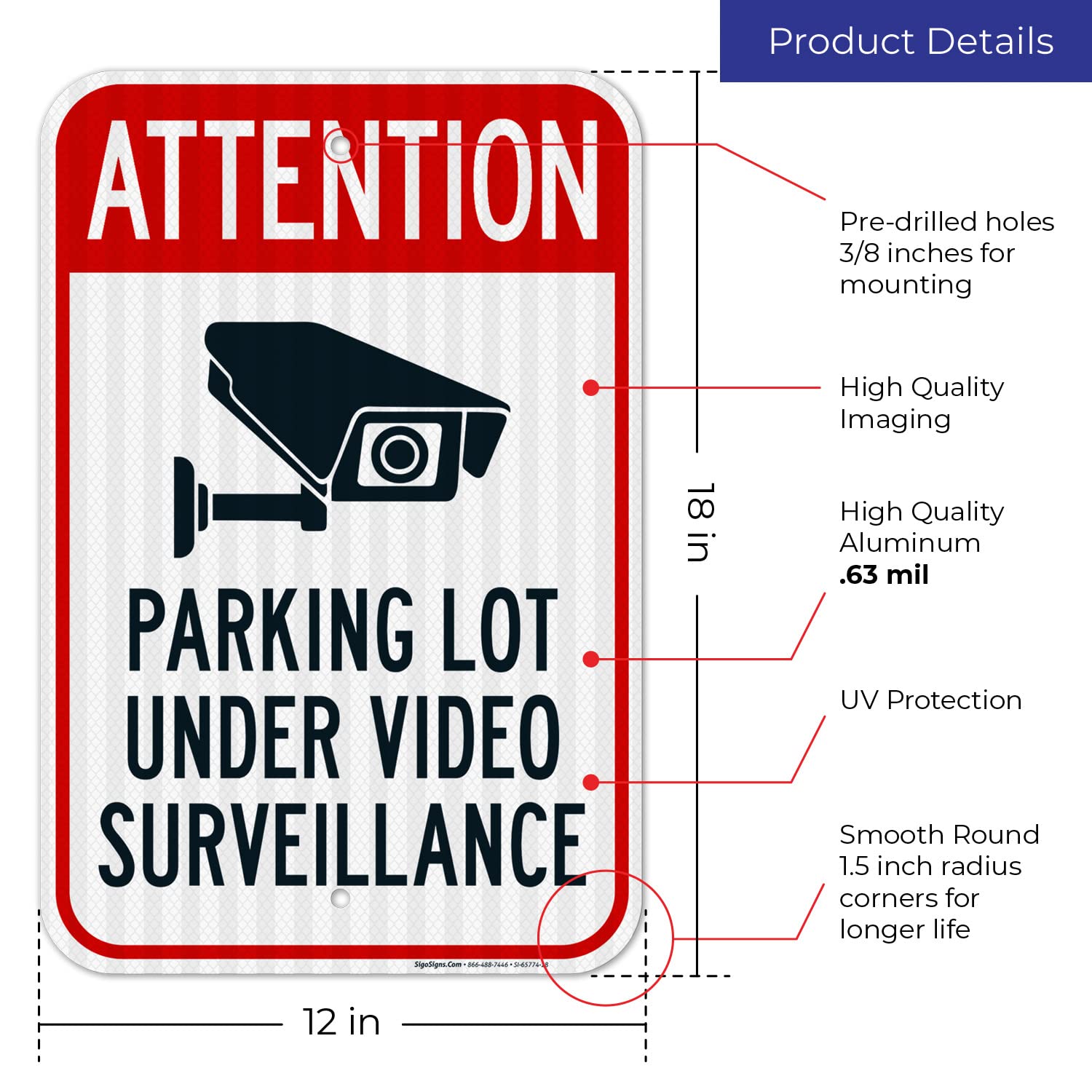 Attention Parking Lot Under Video Surveillance Sign, 12x18 Inches, 3M EGP Reflective .063 Aluminum, Fade Resistant, Made in USA