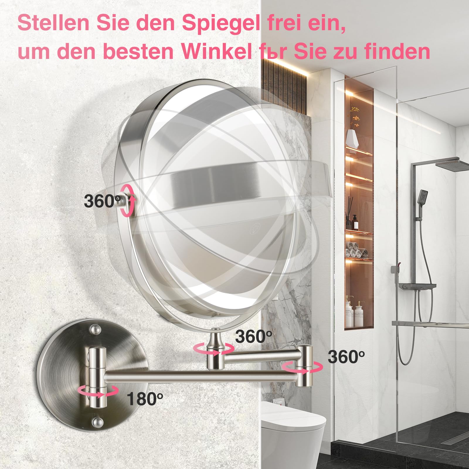Vergrößerungsspiegel mit Beleuchtung – Wandmontierter Schmink- & Kosmetikspiegel, zweiseitig 1X/20X, helle LED-Beleuchtung, platzsparendes Design für Badezimmer & Schminktisch gebürstetes Nickel