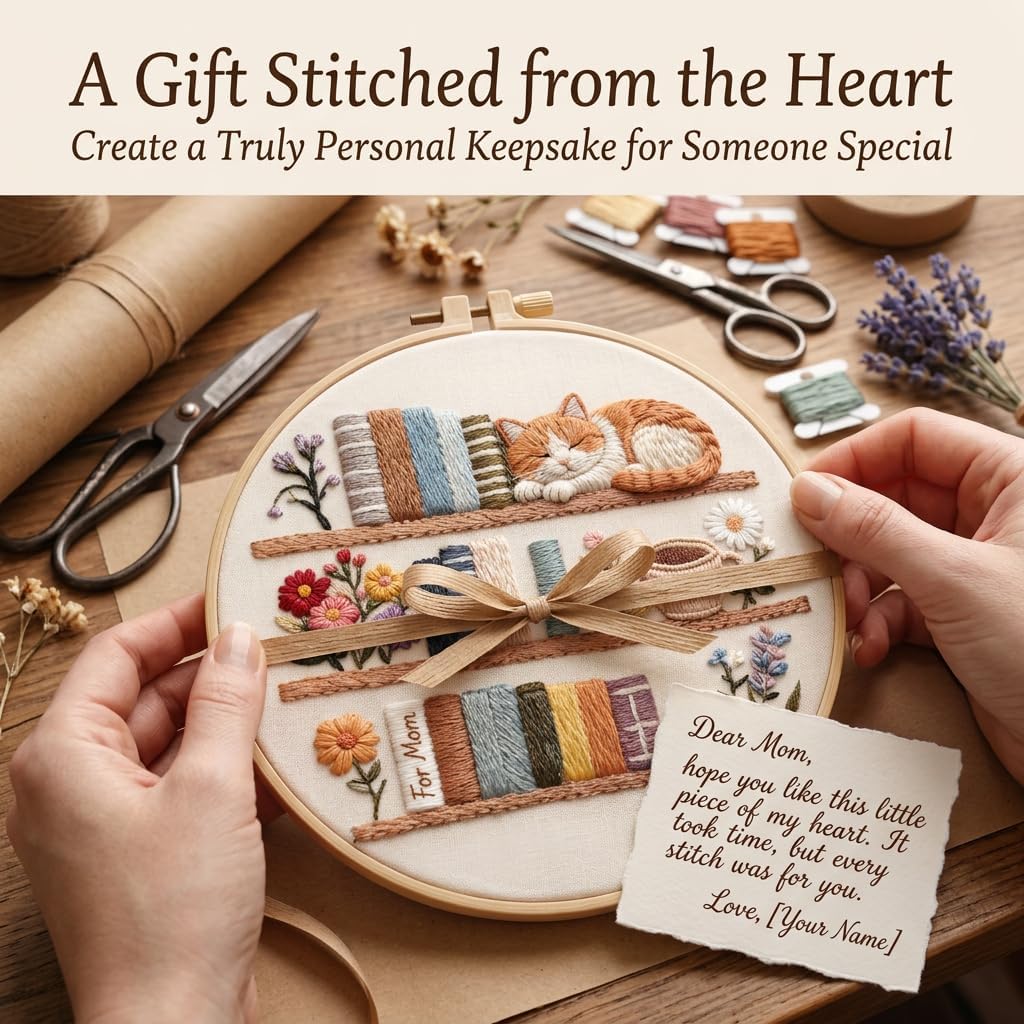 HuaHun 8 Inch Embroidery Kit for Beginners, DIY Stamped Cross Stitch Kit with Blank Book Spines for Personalized Lettering, Bookshelf Pattern with Cats and Florals