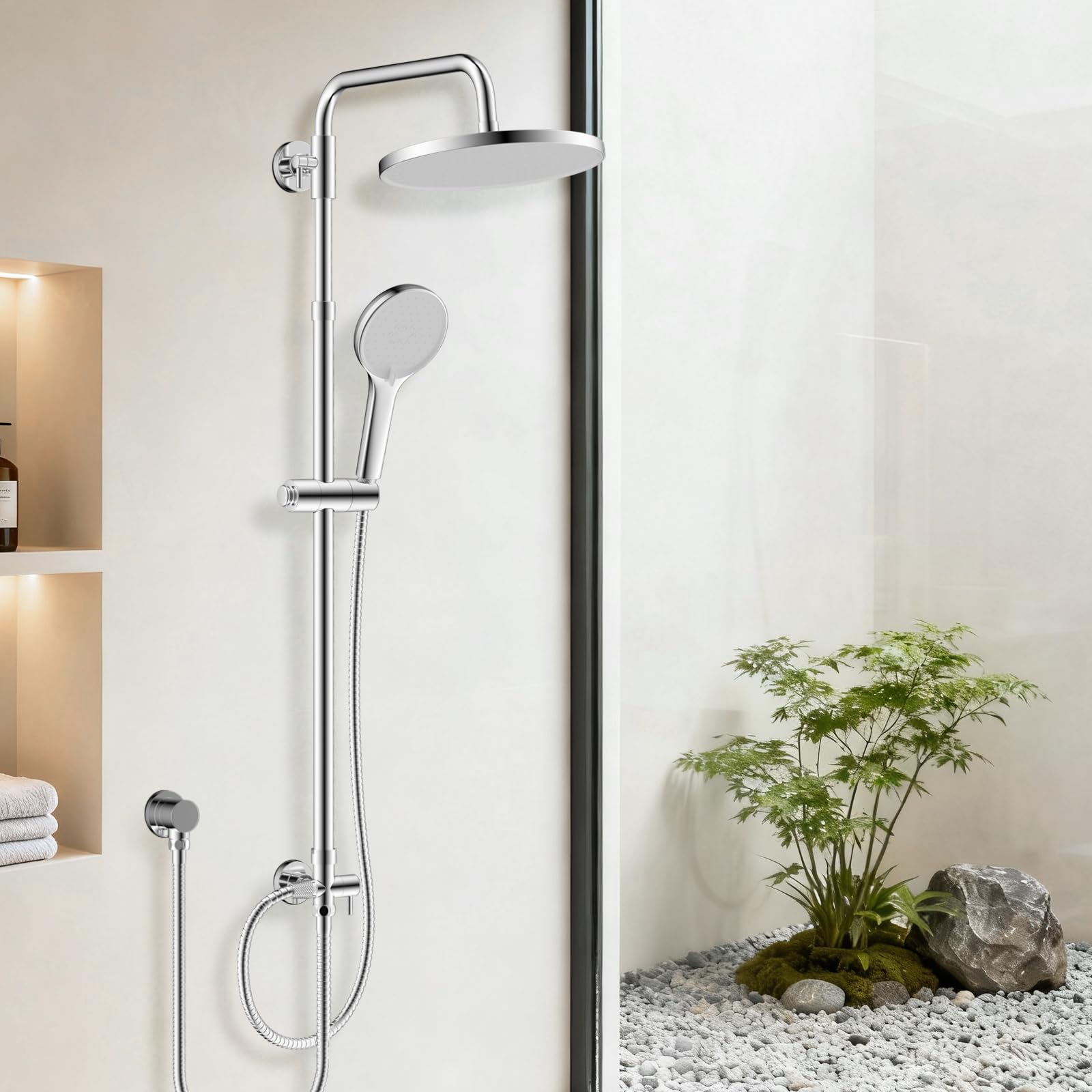 Hibbent Self-Cleaning Rainfall Shower Kit with 304 Stainless Steel Rail,3 Modes Handheld Shower Head, Height Adjustable Shower System Without Mixer, Shower Riser Rail Kit with Brass Diverter, White