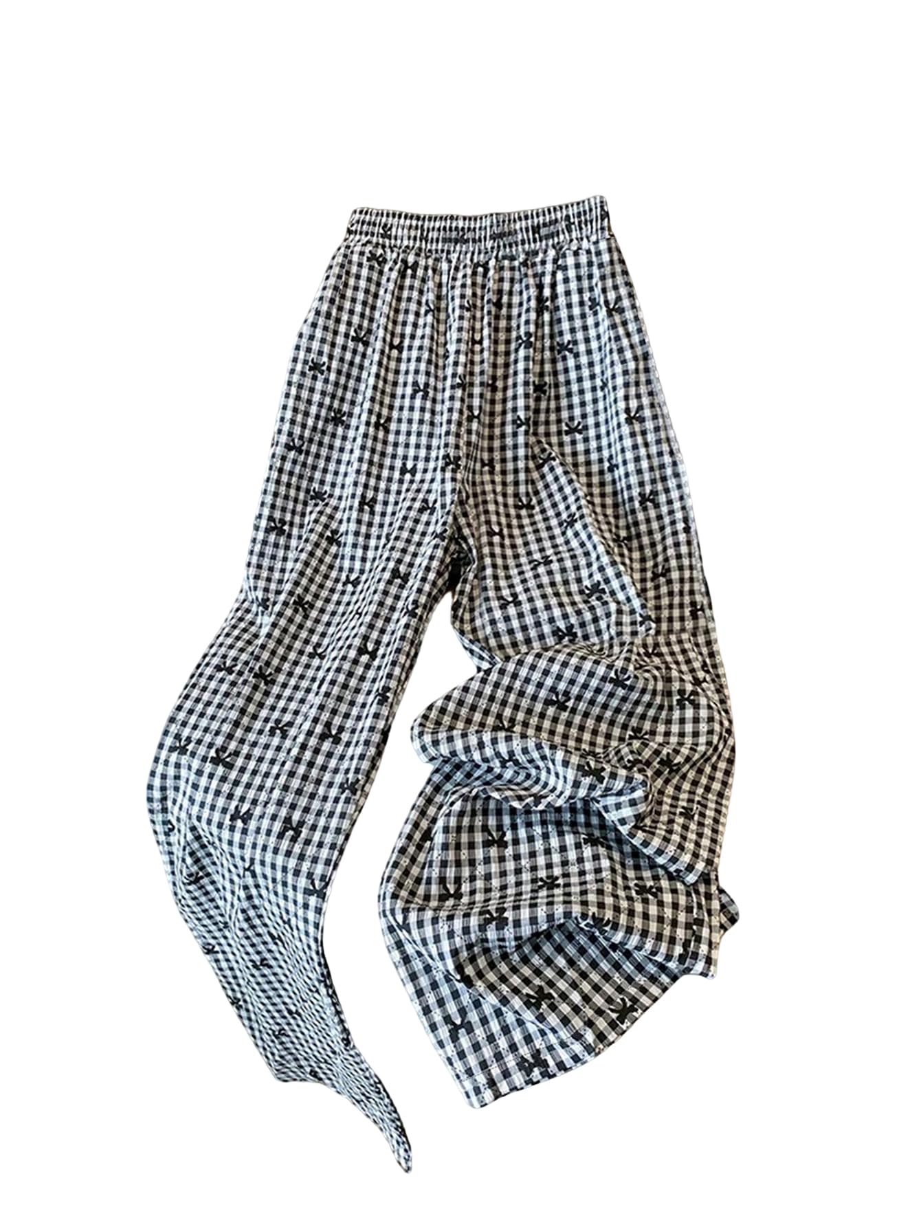 Verdusa Womens Gingham Plaid Bow Pants Elastic High Waisted Wide Leg Loose Trousers