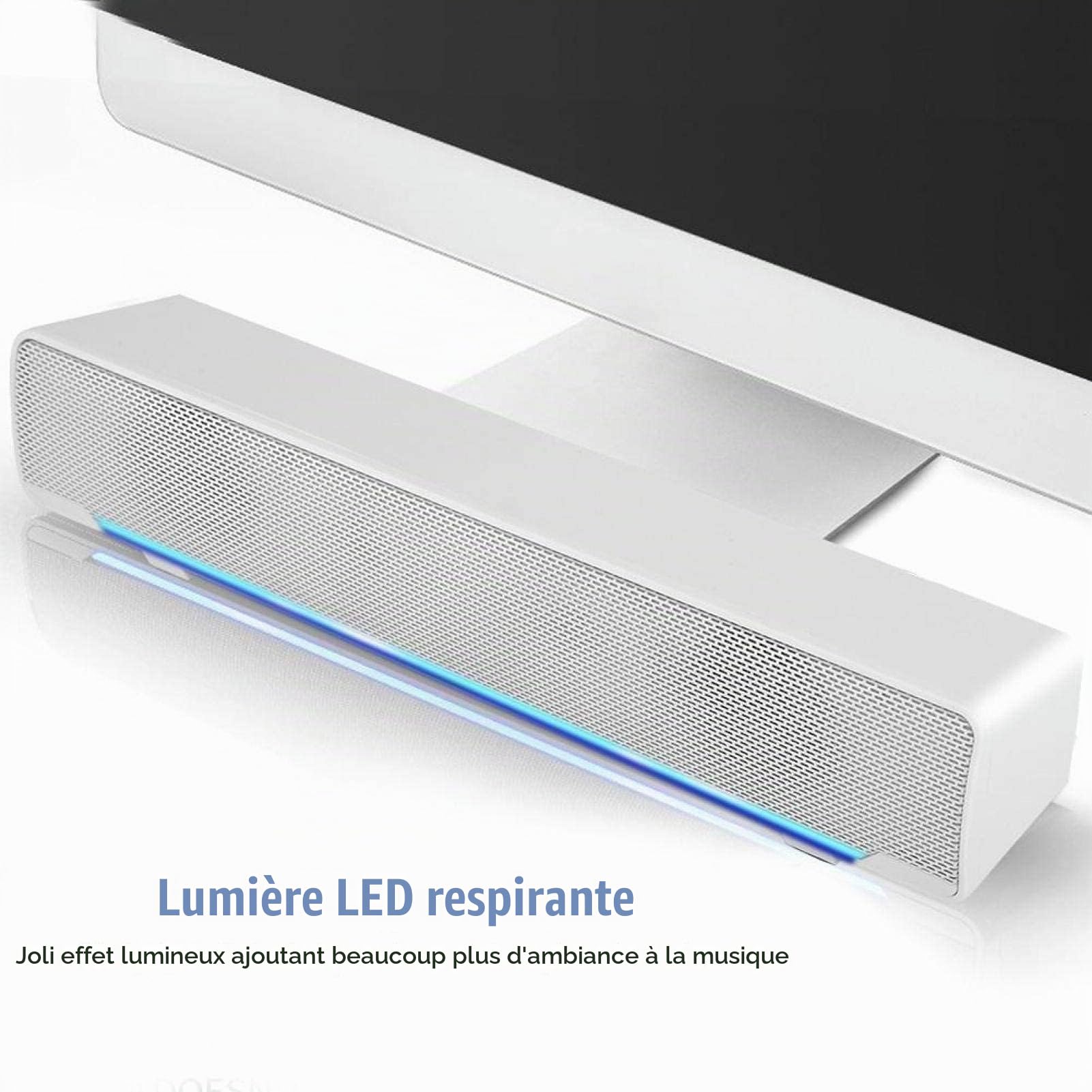 Barre de Son stéréo Filaire USB 3D avec lumière respiratoire à LED Bleue pour Haut-parleurs de télévision/cinéma Maison, Jeux, projecteurs, 12 Pouces