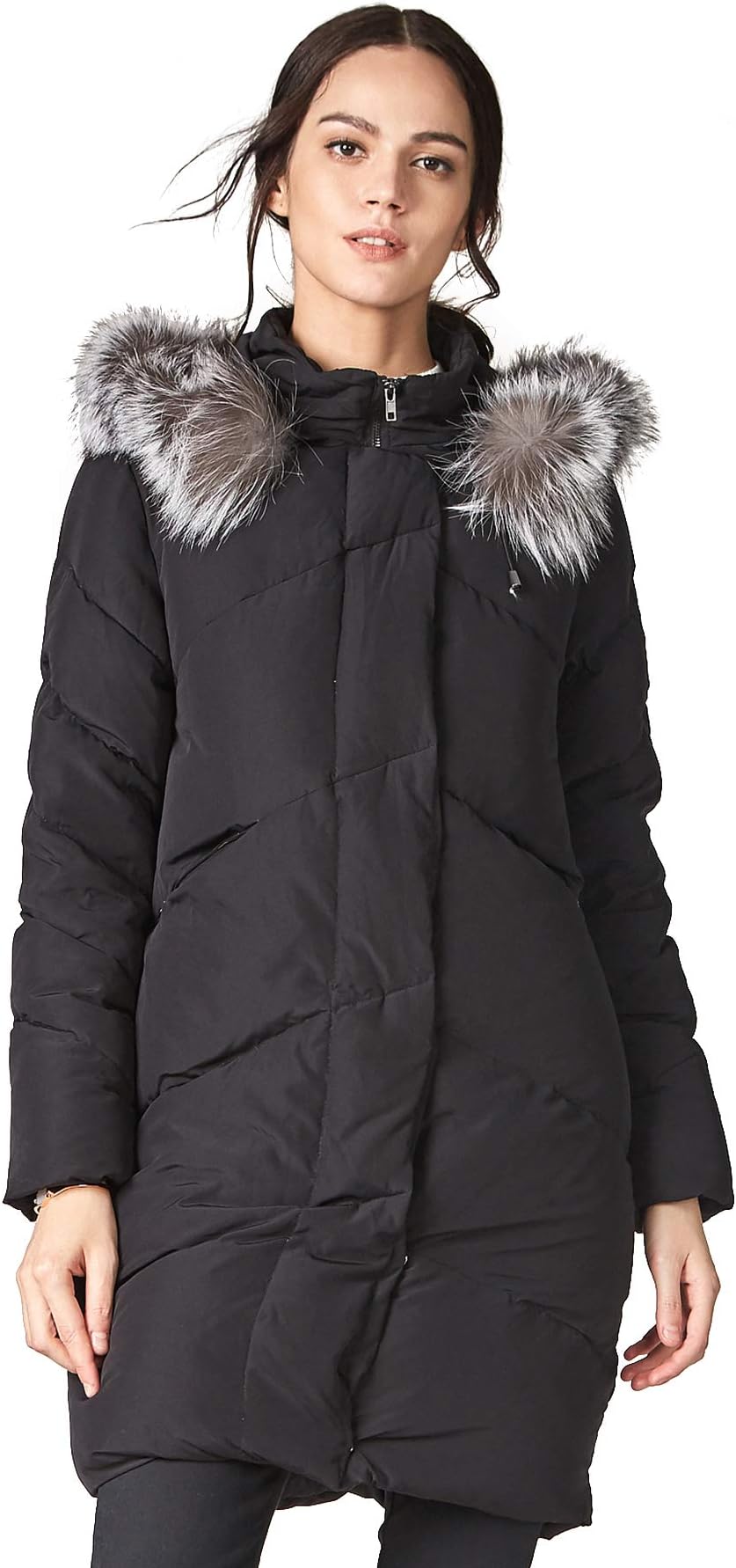 Escalier Women's Down Jacket with Fox Fur Hooded Winter Parka Coat Black S