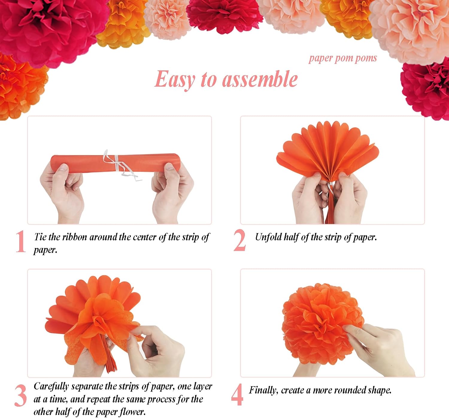 Envibe Orange Party Decorations - Tissue Paper Pom Poms for Bridal, Baby, Wedding Showers & Birthday Parties - 34 Pcs Fall Wedding Decor