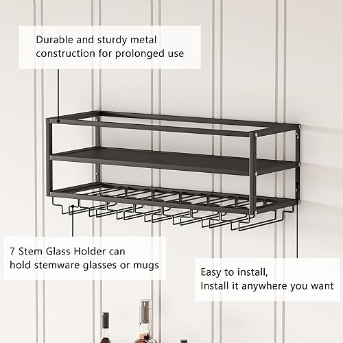 Miniatura 4 de MAIKAILUN Estante de vino montado en la pared negro con soporte para vidrio, soporte de metal para botellas de 30 pulgadas, estante de