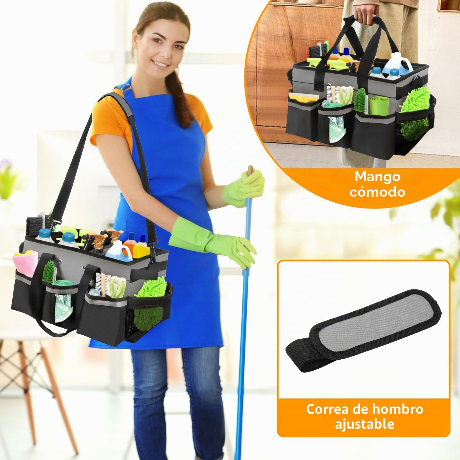Organizador Caddy Limpieza Grande, Bolsa Limpieza Portátil con Asa y Correas, Carro limpieza con 5 Divisores Plegables, Multifunción Espesado Cesta de Herramientas para Casa, Coche, Jardín (gris)