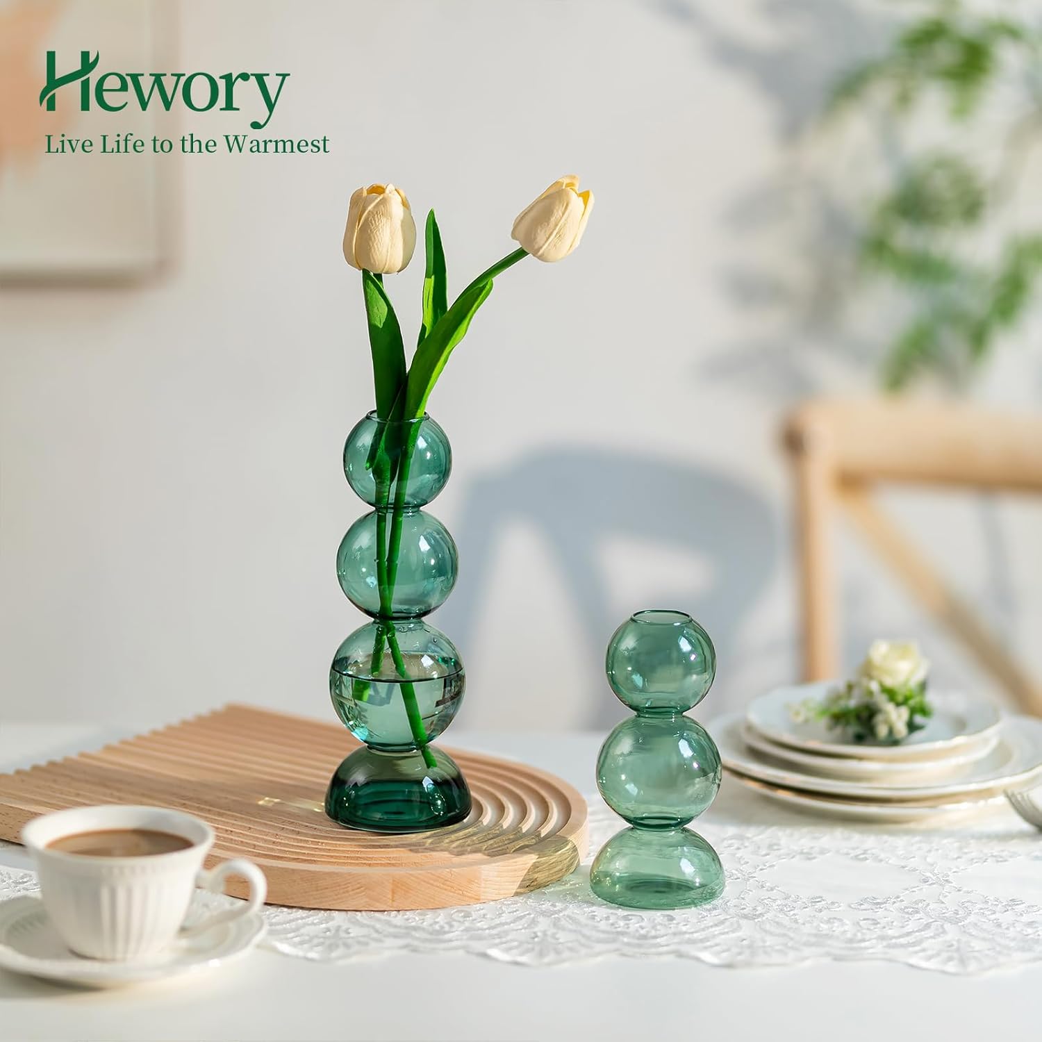 Glass Bubble Vases for Flowers, Hewory 2pcs Green Unique Cute Single Flower Vase for Centerpieces, Funky Aesthetic Vase Skinny Bud Vase, Cool Groovy Decor for Home Living Room Bedroom Office Tabletop - Image 3