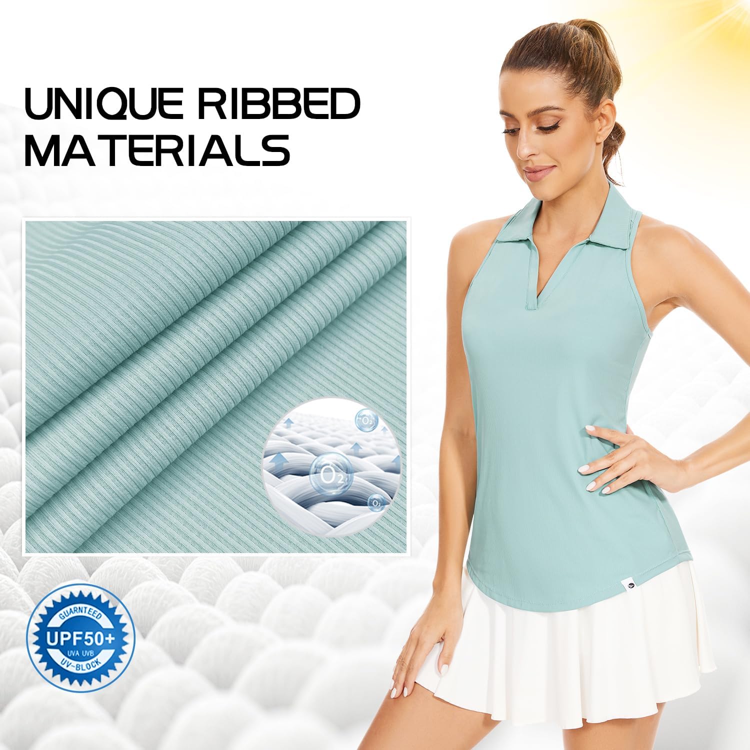 Soneven Polo Femme Col en V Manches Courtes/sans Manches T-Shirts Sportifs Ribbed Breathable Quick-Drying Functional Shirt for Golf Tennis