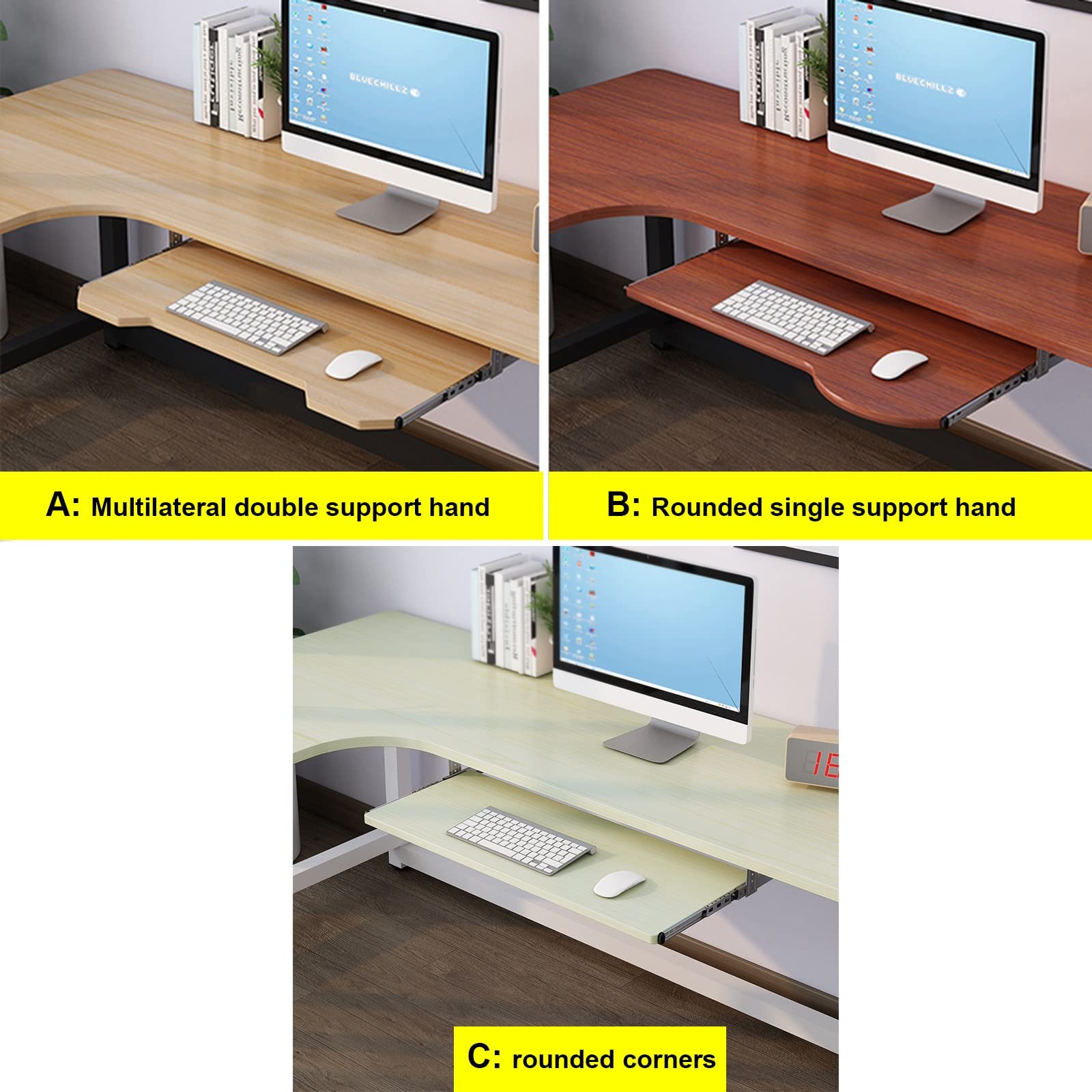 Ergonomiczne przedłużenie biurka – podbiurkowa platforma pod klawiaturą i myszką, regulowana, cicha, Ra, 60 x 30 cm, wykończenie tekowe, oszczędność miejsca, wysuwana taca na klawiaturę