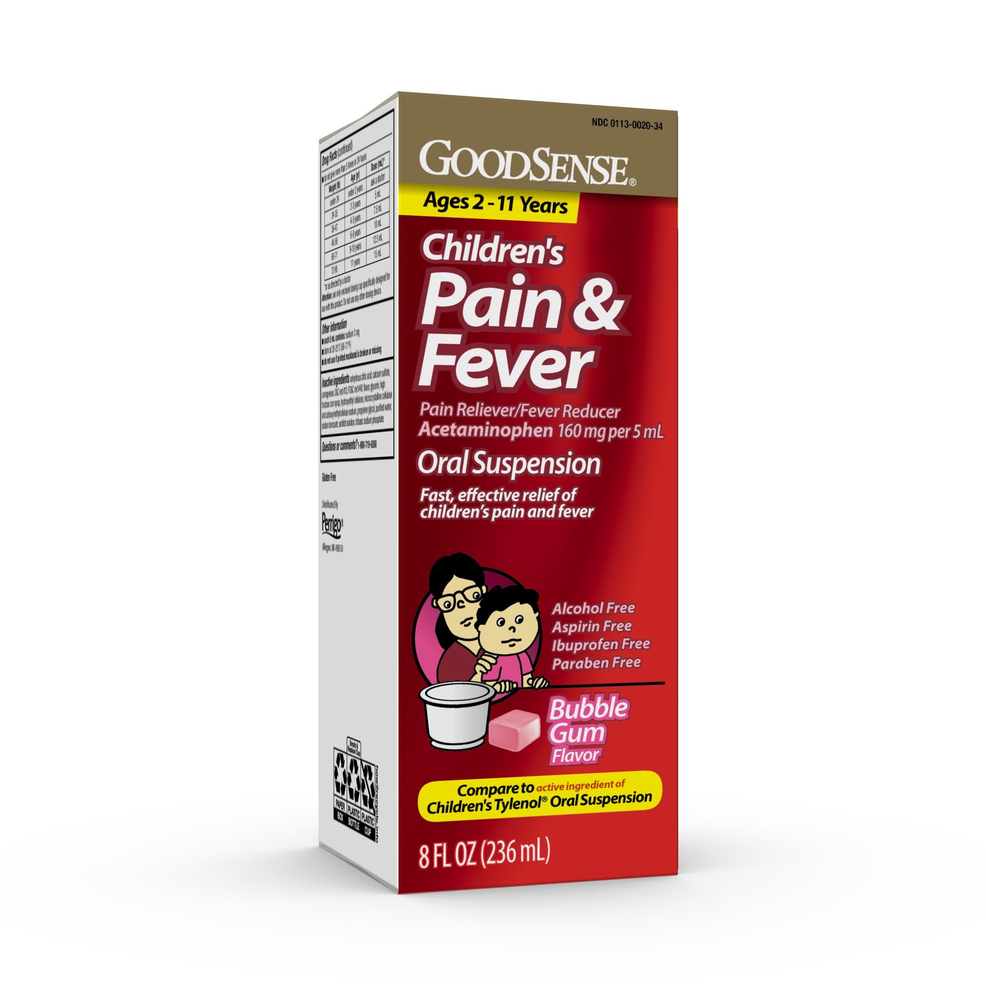GoodSense Children's Pain and Fever Oral Suspension Liquid, Acetaminophen 160 mg per 5 mL, Bubble Gum Flavor