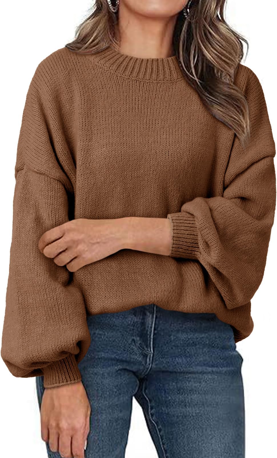 Womens Oversized Sweaters Casual Lantern Long Sleeve Mock Neck Chunky Knit Loose Fall Pullove Tops