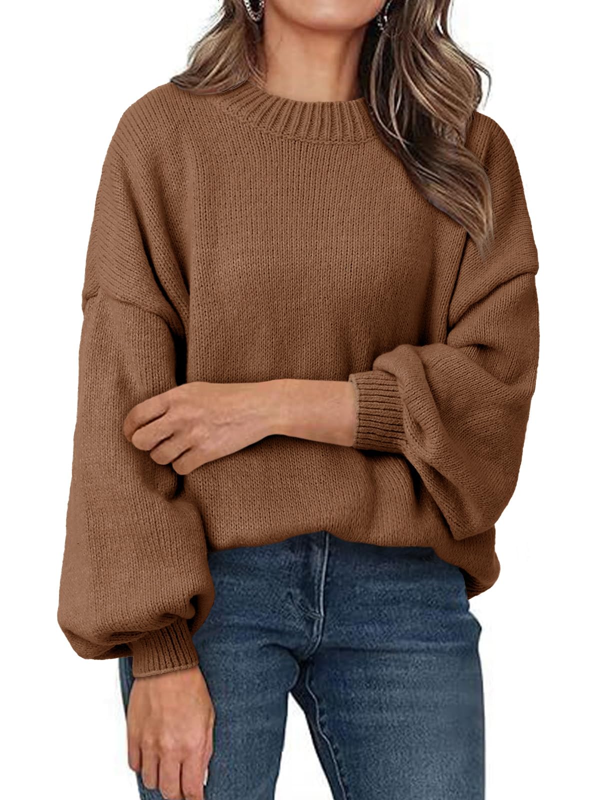 Womens Oversized Sweaters Casual Lantern Long Sleeve Mock Neck Chunky Knit Loose Fall Pullove Tops