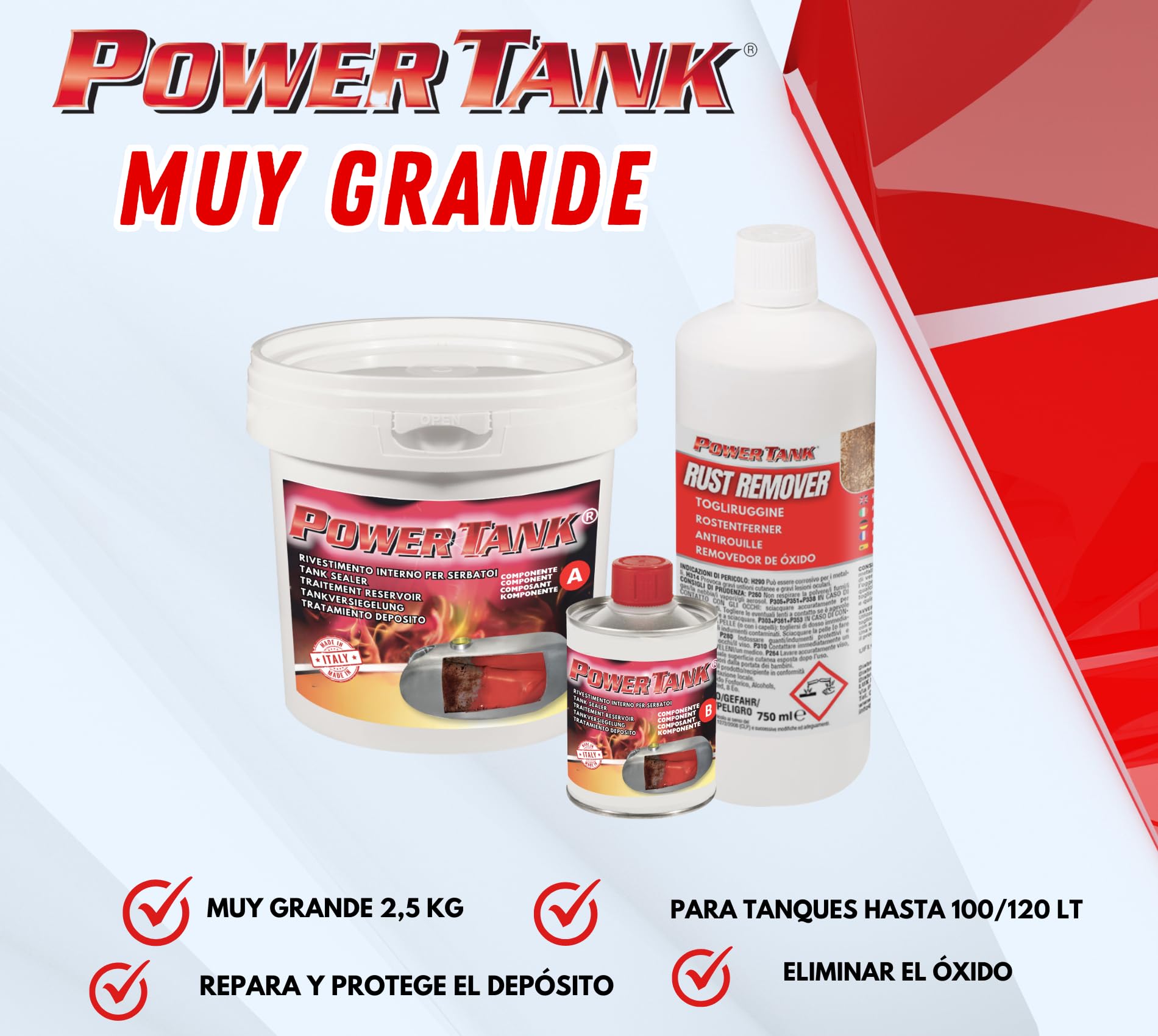 POWER TANK - Tratamiento Tanque Deposito Moto Auto (100/120 LT) Kit Very Big 2,5 kg para Interior de Tanques de Gasolina y Diésel Elimina Óxido Repara Protege Tanques Oxidados de Motos, Autos de Época