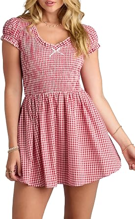 Womens Gingham Mini Dress V Neck Puff Sleeve Smocked Plaid Short Dress