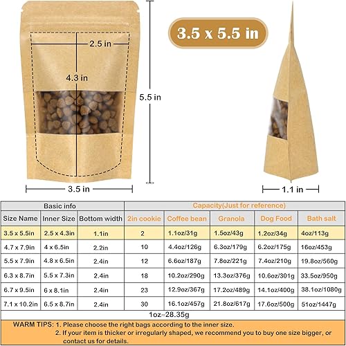 Miniatura 2 de Blisstime Bolsa de pie, paquete de 100 bolsas de papel kraft autosellables con ventana mate y bolsas resellables con muesca de desgarro para