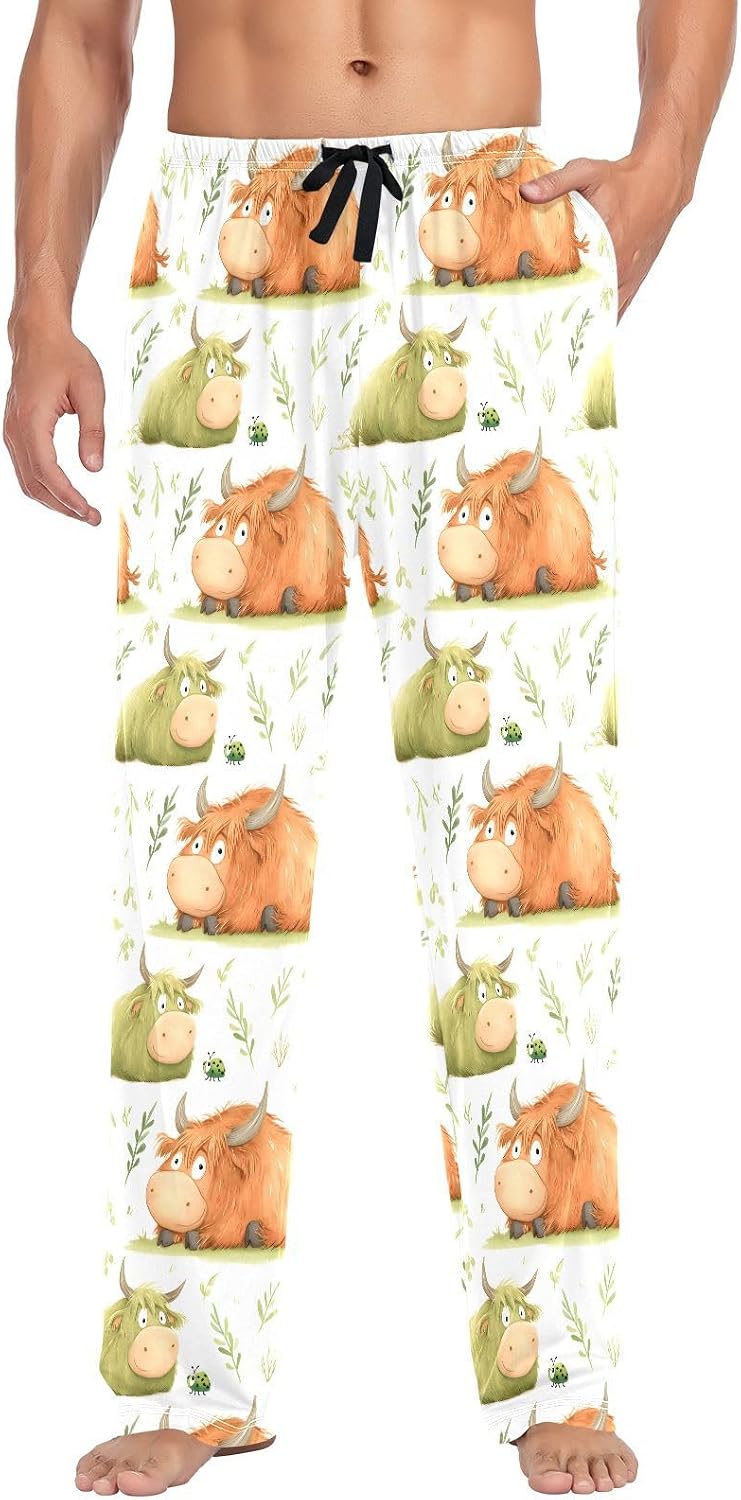 ALAZA Cute Calf Bull Yak Men's Pajama Pants Men Cotton Pajama Bottoms with Pockets, S