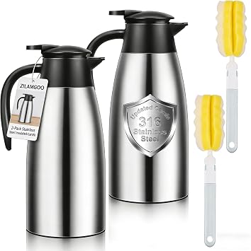 2 Pcs 60 OZ Insulated Coffee Carafe Thermal Stainless Steel Carafe for Hot Liquids | Double Wall Coffee Thermos Dispenser with Cleaning Brushes