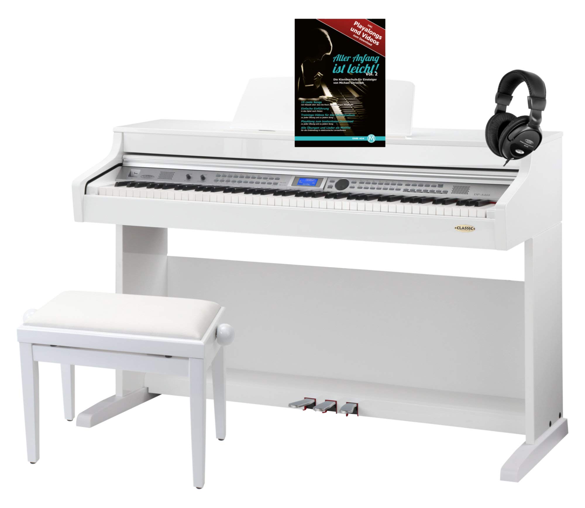 Classic Cantabile DP-A 410 WH E-Piano Bianco Lucido SET incl. Panchetta | Tastiera HA-88-S500 con 88 tasti a meccanica a martello e dinamica di tocco, 3 pedali (Sustain, Sostenuto, Soft), 600 Voices