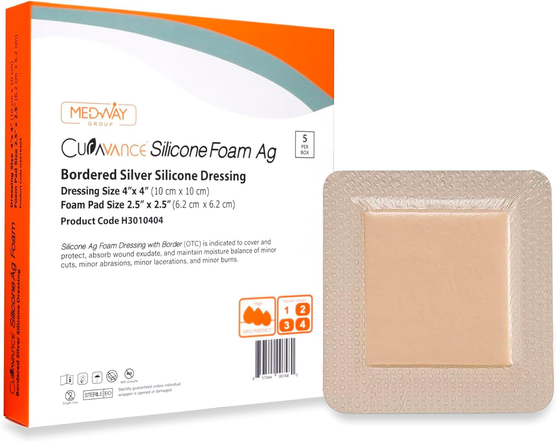 Bordered Silver Silicone Ag Sterile Absorbent Dressing, 4"x 4" (2.5"x 2.5" Pad), 5 dressings/Box, 5 Pack