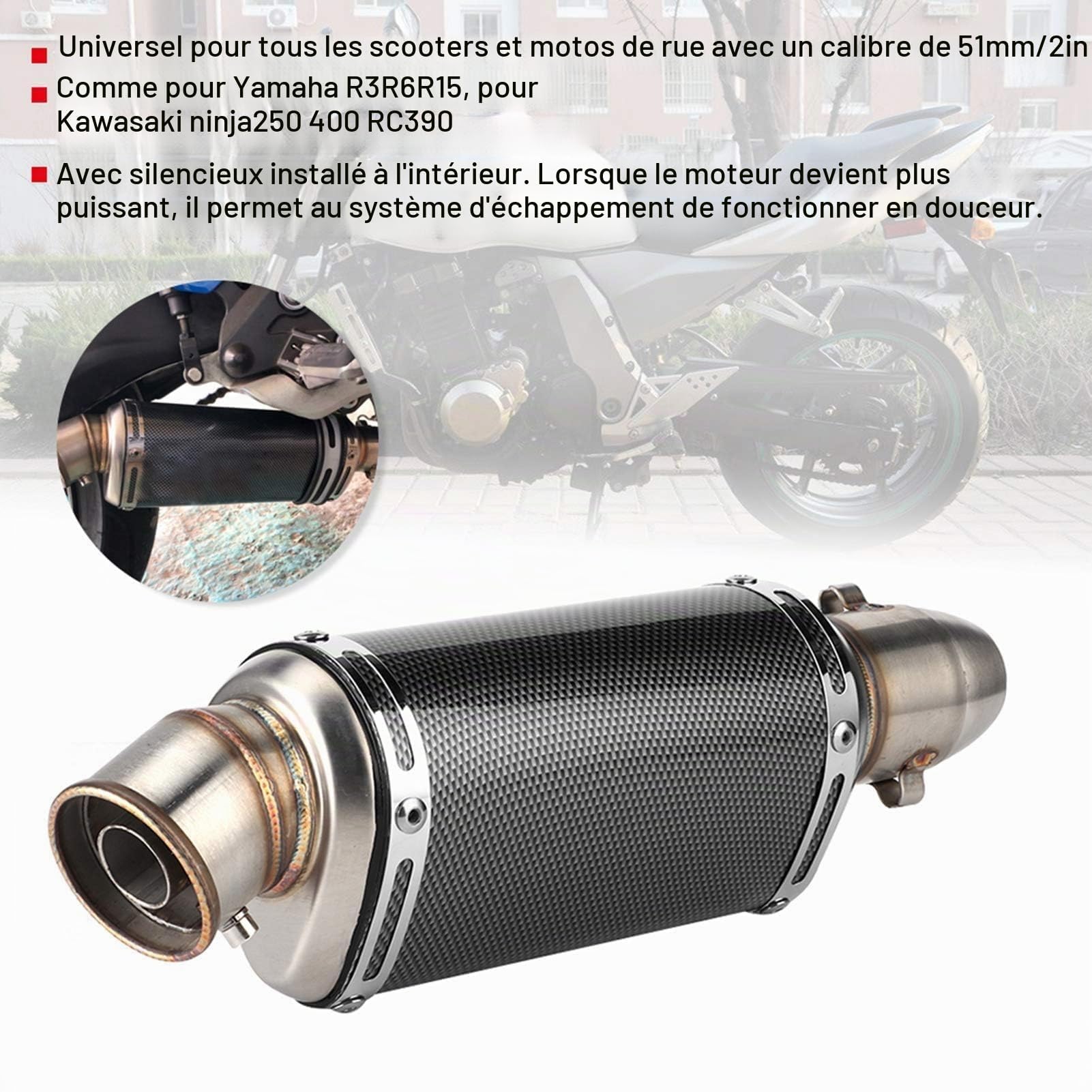 Tuyau de Moto, Yctze 51mm 2in Tuyau D'échappement Court Universel Modifié en Fibre de Carbone Style Moto Scooter Rue Vélo Silencieux