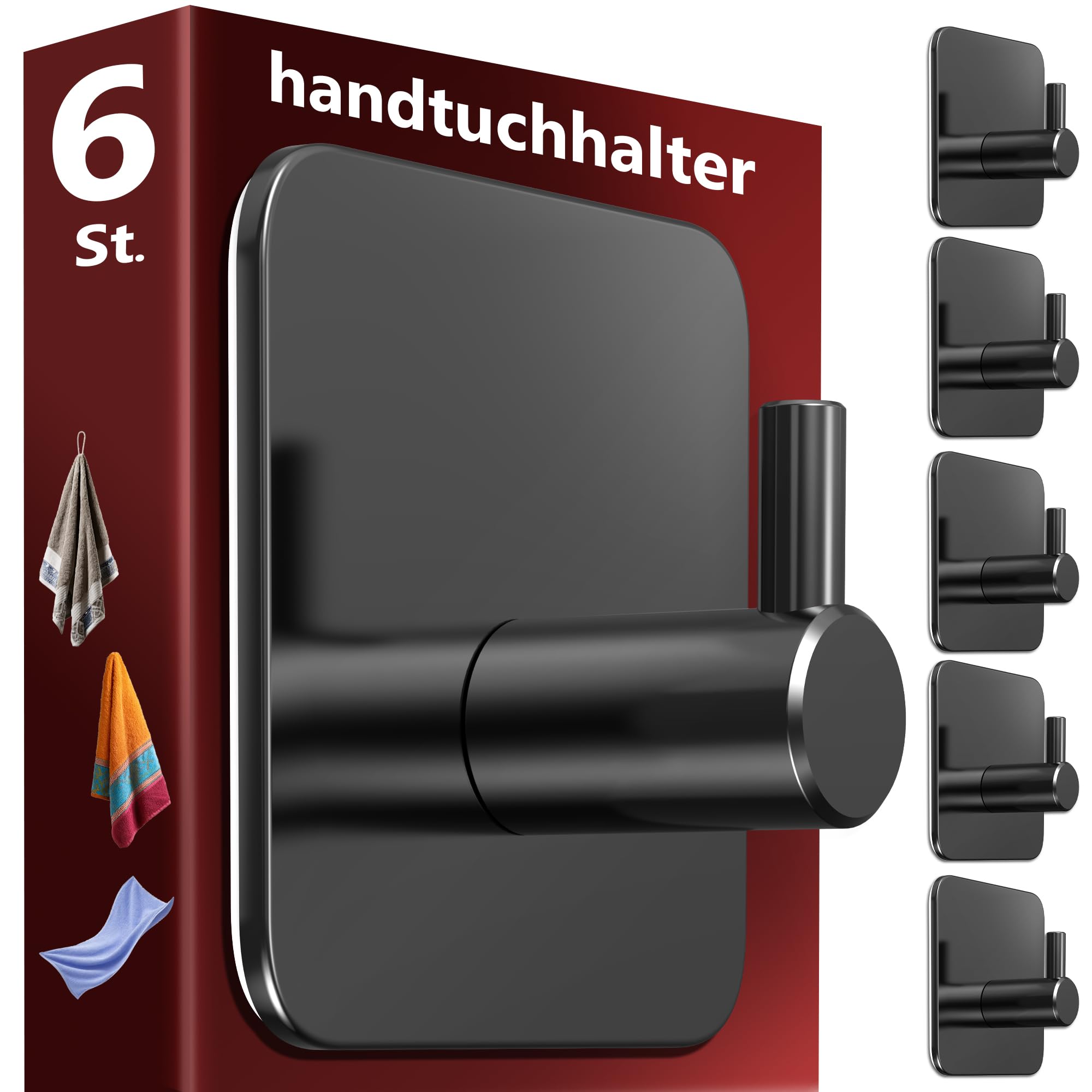 Menz Handtuchhaken ohne Bohren, 6 Stk. – Schwarze Handtuchhalter ohne Bohren für bombenfesten Halt, Edelstahl Klebehaken, Haken selbstklebend, starke Badezimmer Handtuchhalter, Bad Haken