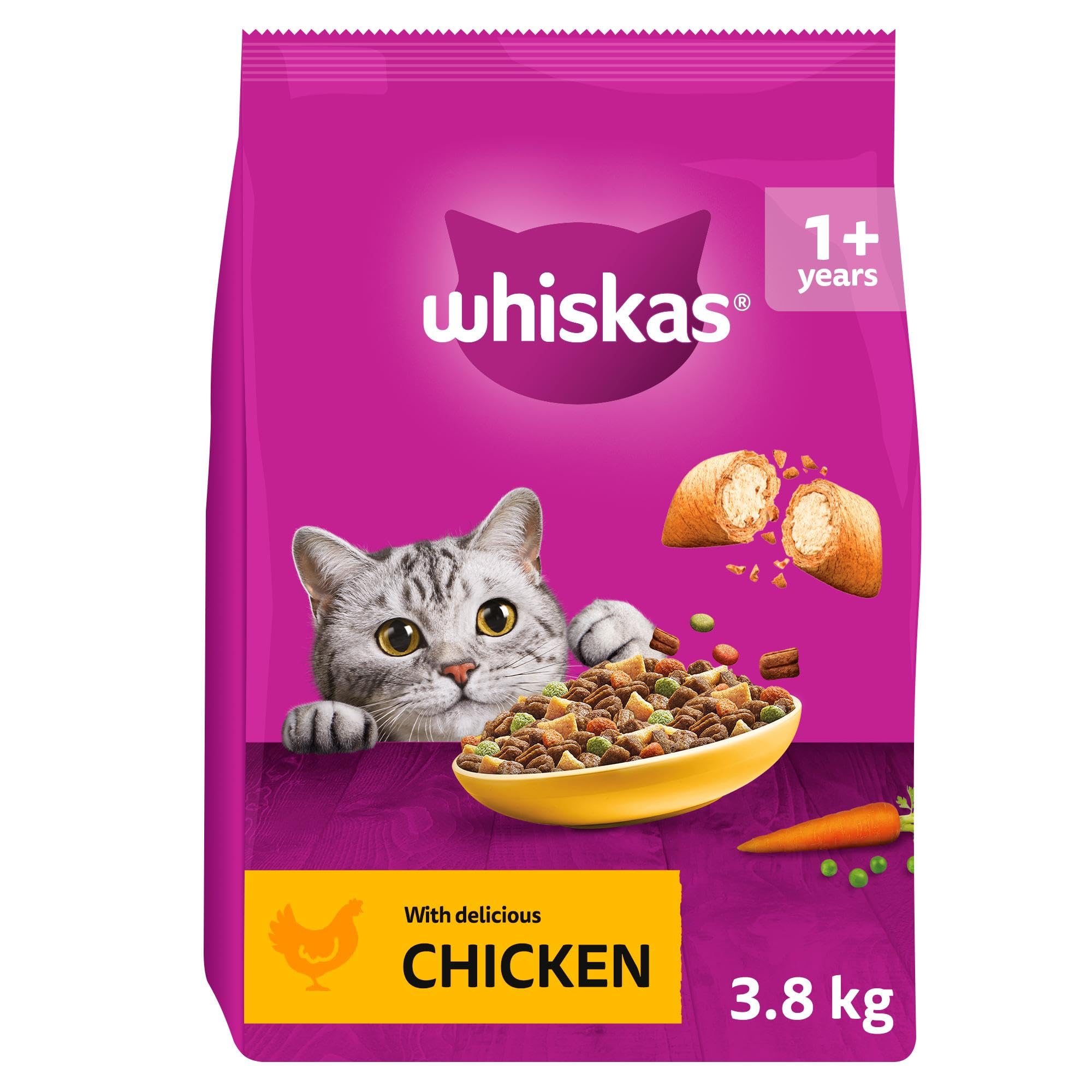 WHISKAS Adult Dry Cat Food 3.8kg with Chicken (Pack of 3)