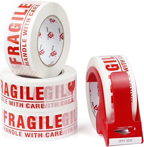 BOMEI PACK Cinta de embalaje frágil con cinta de mudanza, cinta de envío frágil, 2 pulgadas x 330 pies (110 yardas), cinta frágil resistente para