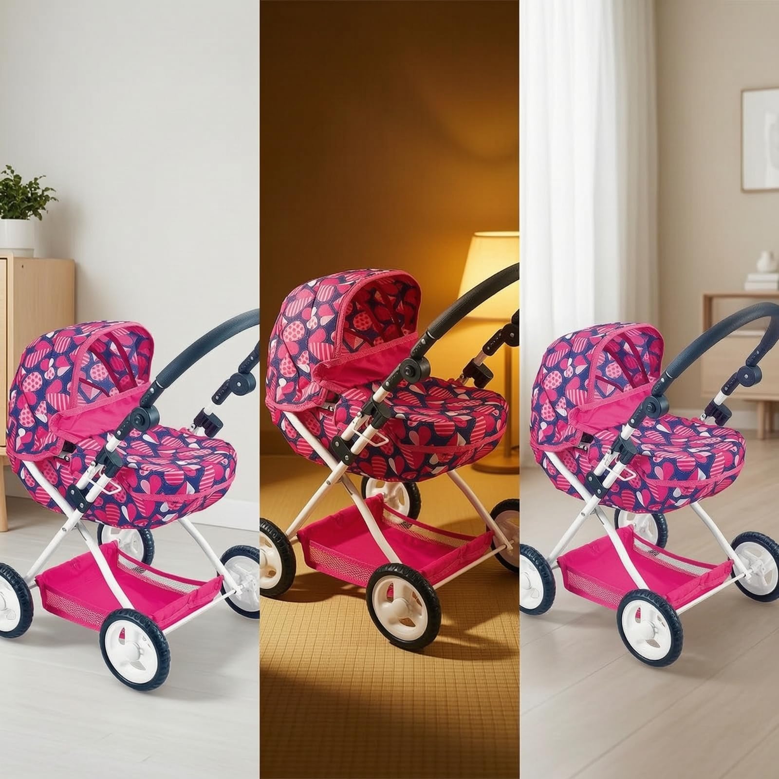 Passeggino per Bambole con Telaio in, Passeggino Per Bambole Con Motivo A Cuori E Pois, Confezione In Scatola Colorata