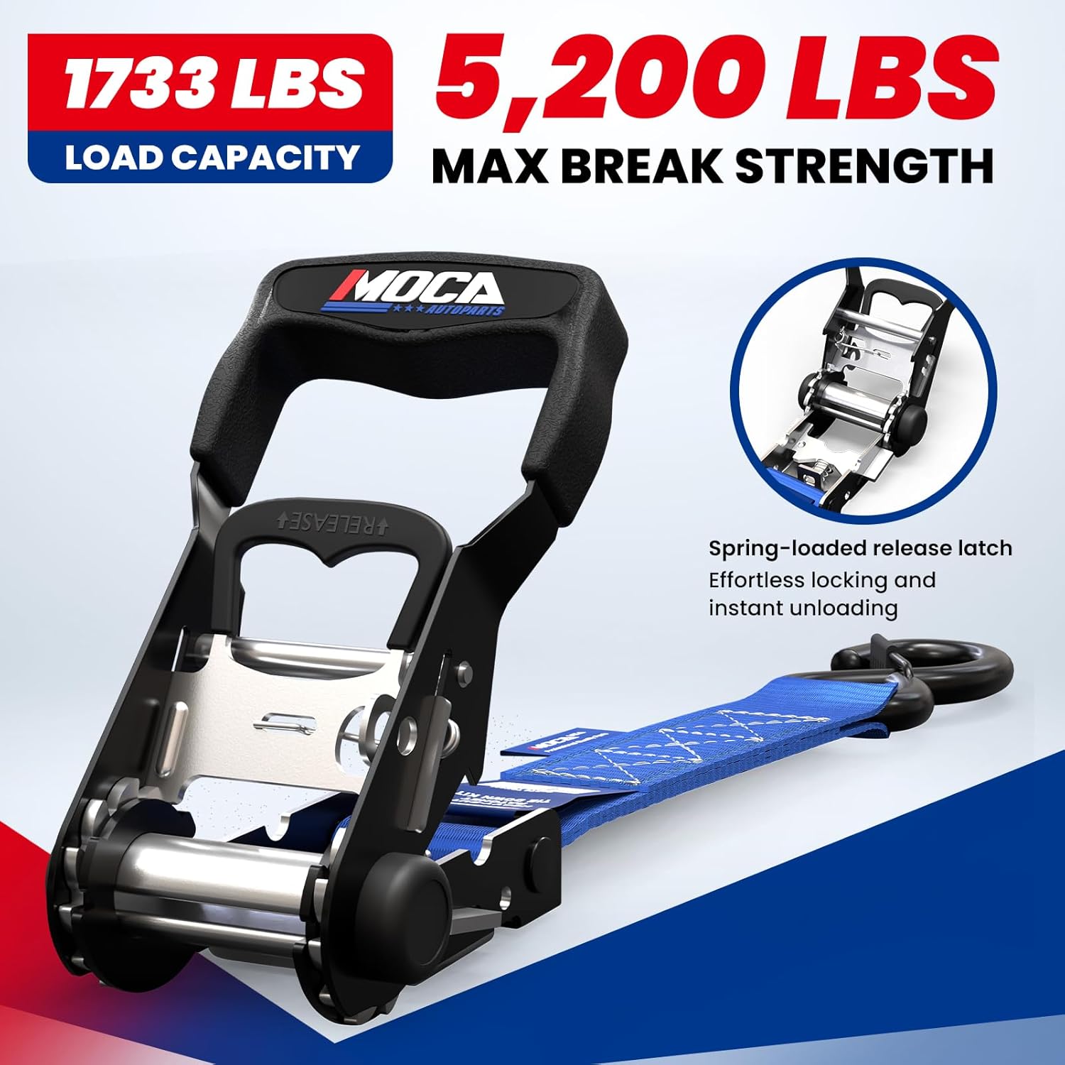 MOCA Blue Heavy Duty Ratchet Tie Down Straps - 5,200 Lbs Breaking Strength 1.6" x 8', Includes 4 Heavy Duty Ratchet Padded Handles & Coated Chromoly S Hooks & 4 Soft Loop Tie-Downs - Image 2
