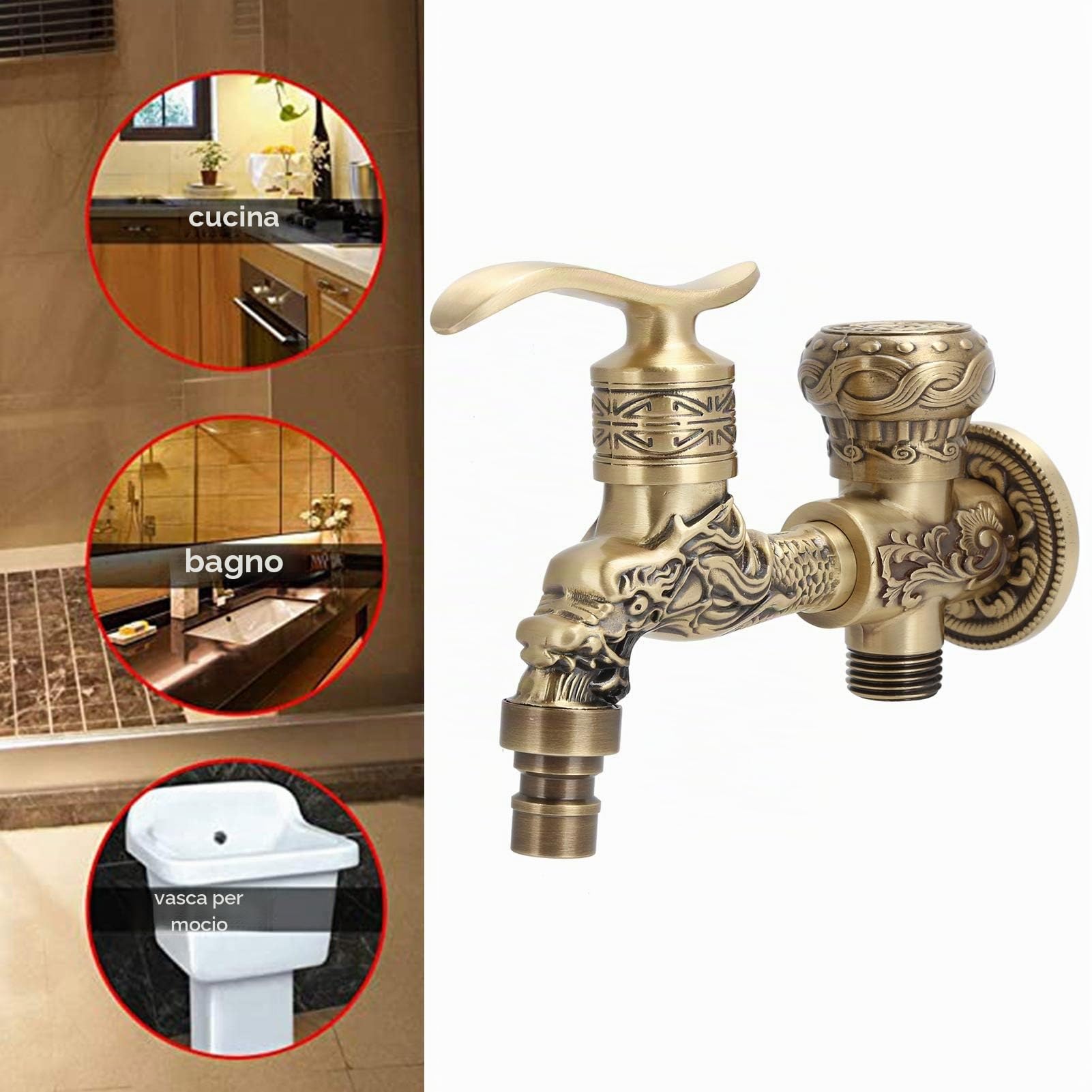 Rubinetto Giardino Doppia Uscita, Ottone Antico Drago | Doppia Uscita G1/2 Fontana Bocca Facile da Installare, per Bagno, Cucina, Giardino, Lavabo