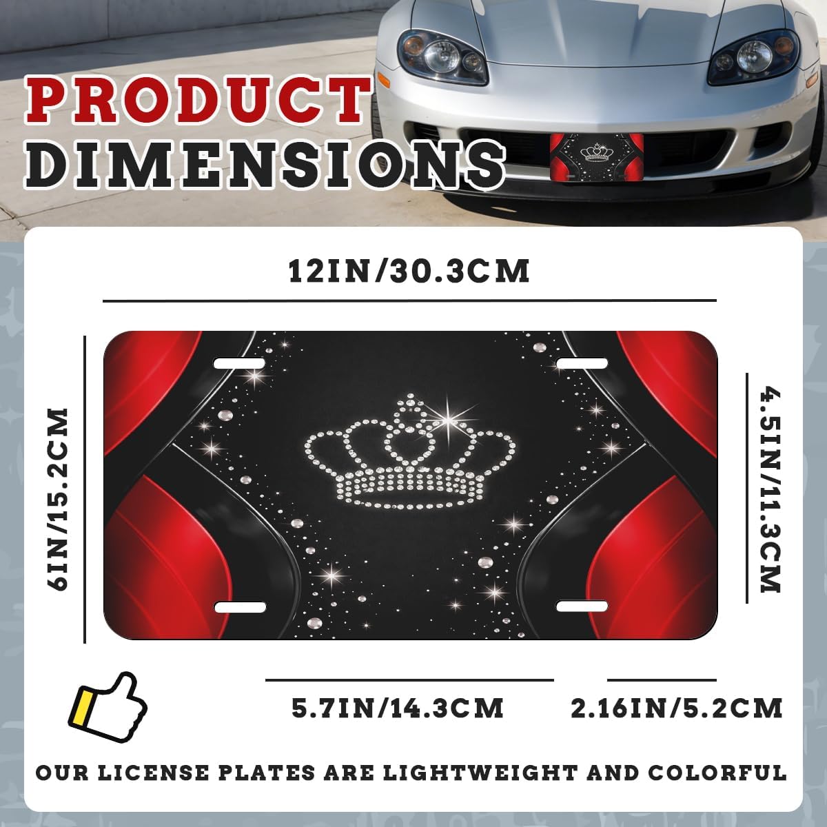 Crown Front License Plate Rhinestone Red Black Car Decorative License Plates Aluminum Metal Decor Accessory Novelty Vanity Tag Cover with 4 Holes for Men Women 6" X 12"
