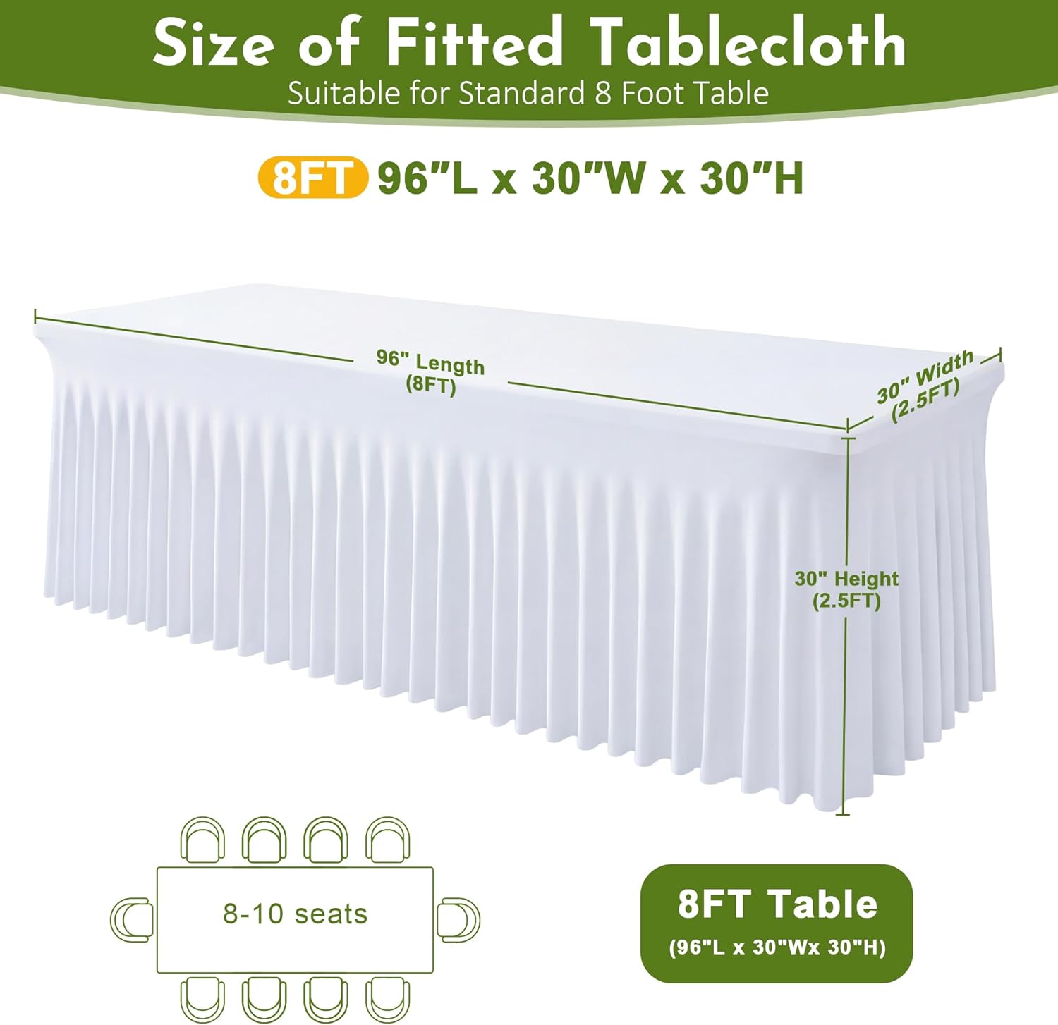 2 Pack White Spandex Tablecloth for 8FT Rectangle Tables, Table Skirt 30x96 Inch Stretch Table Cloths Elastic Fitted Tables Cover for Wedding Parties Birthday Banquet Baby Shower Events