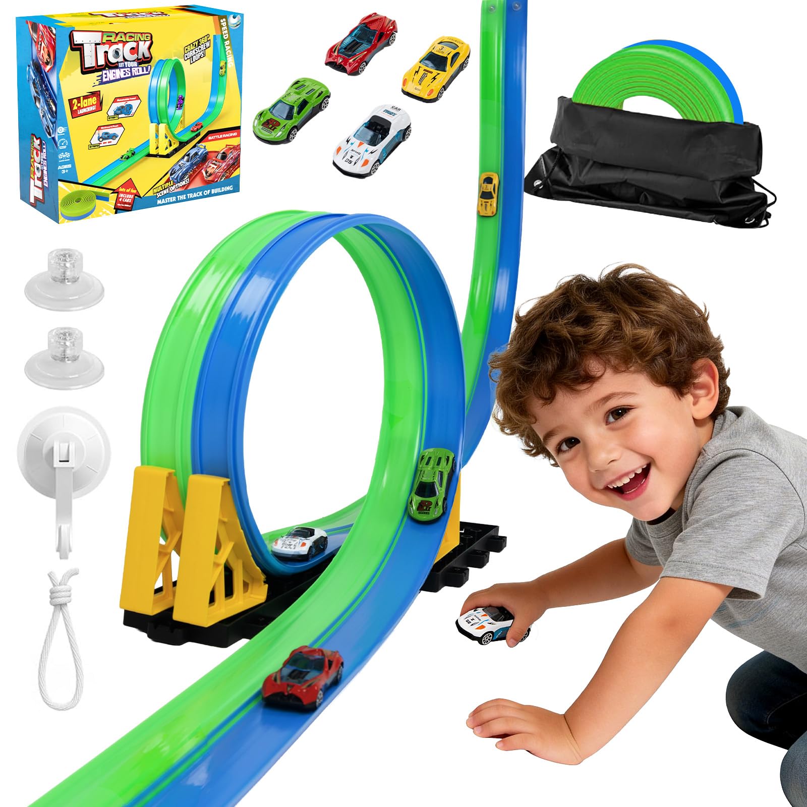 Flexible Autorennbahnen Kinder, 4.5M Rennbahn Inklusive 4 Autos, Tragbare Dual-Rennstrecke mit Rampen für 1:64 Autos, Spielzeug Geschenk für Kinder ab 3+ Jahren, Blau-Grün