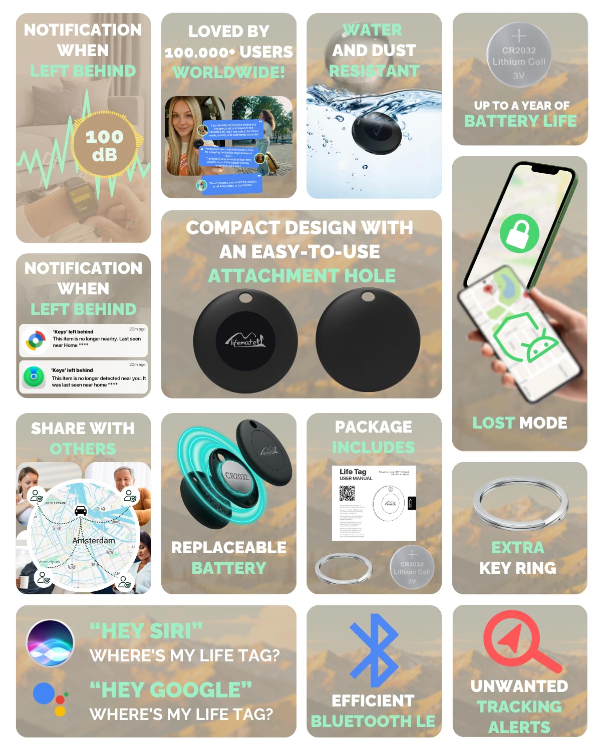 Lifemate Life Tag Duo 8-pak – Lokalizator Bluetooth – Kompatybilny z Apple Find My lub Google Find Hub (iOS lub Android), wodoodporny IP67, bateria CR2036
