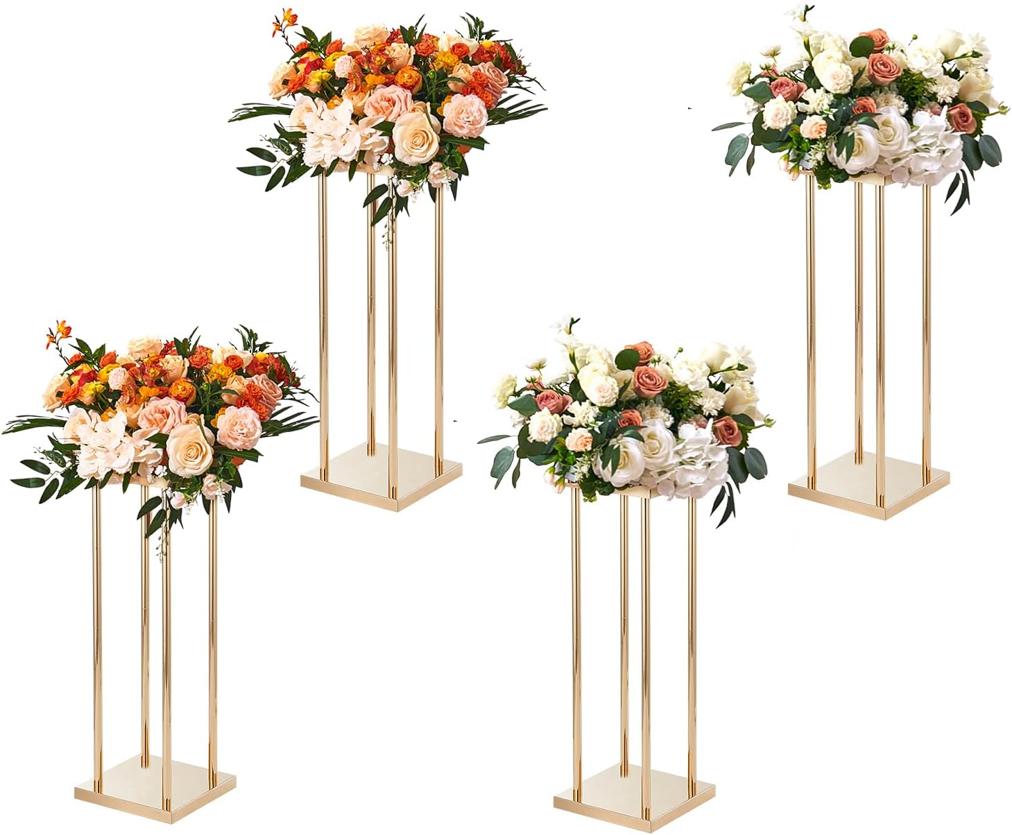 4PCS Gold Metal Column Wedding Flower Stand, 23.6inch /60cm High With Metal Laminate, Vase Geometric Centerpiece Stands, Cylindrical Floral Display Rack for Events Reception, Party Road Leads