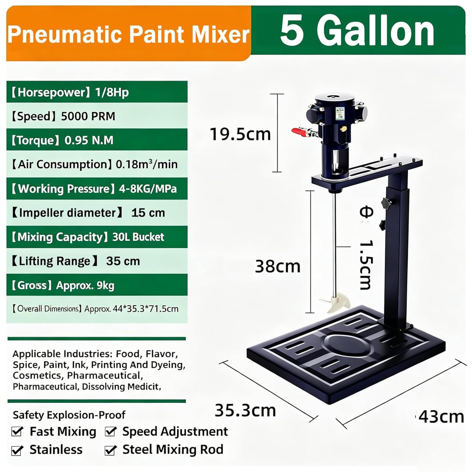 Miscelatore pneumatico per vernice, 5 galloni aria agitatrice, 1/8HP con supporto di sollevamento manuale, Asta in acciaio inossidabile, Pressione 4-8KG per vernice, colla, miscelazione inchiostro