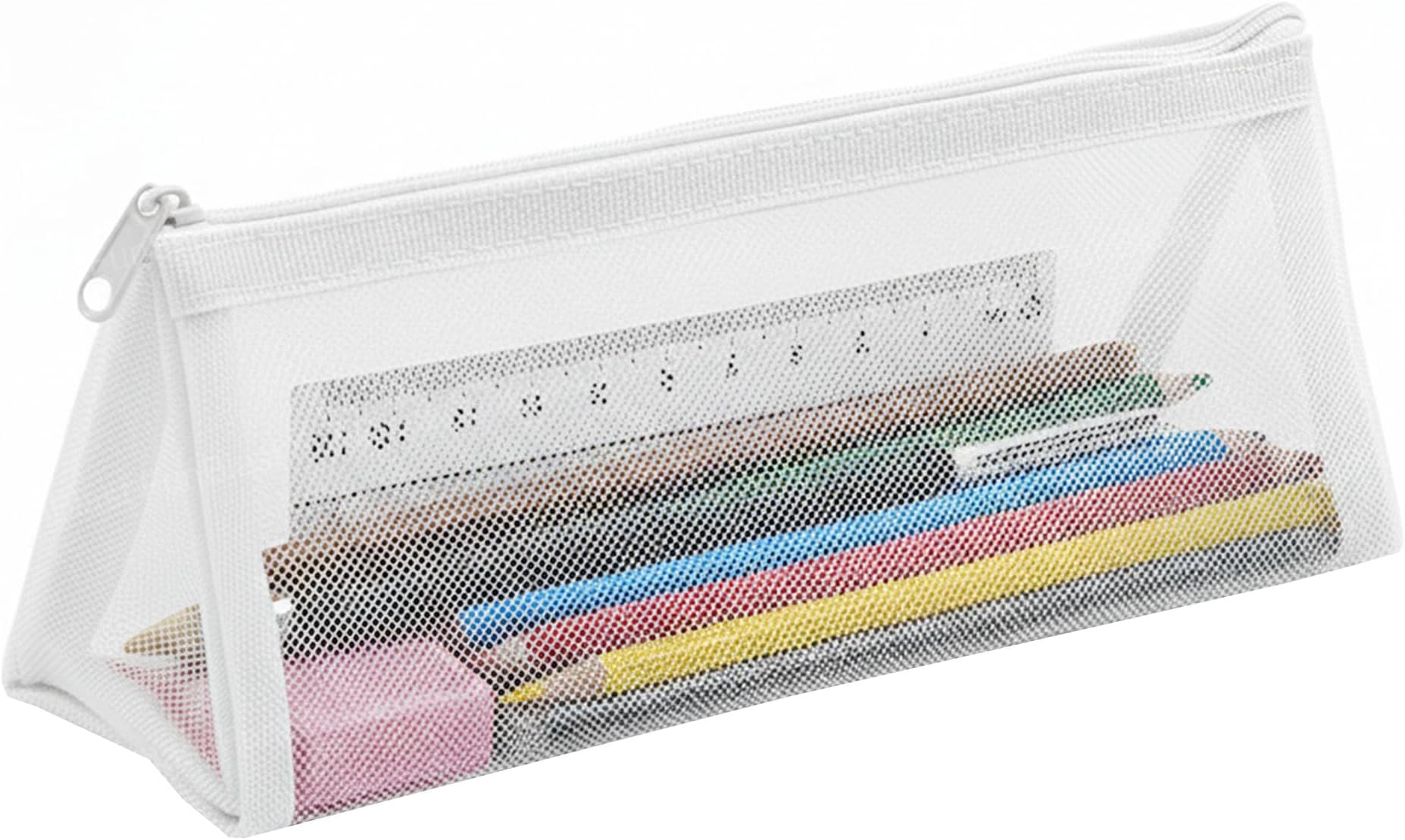 FunBlast Mesh Pencil Case with Smooth Zipper, Single Layer Multi-Purpose Stationary & Pen Pouch for Boys & Girls, Transparent Stationary Bag, Organizer Pouch for Student (White-C)