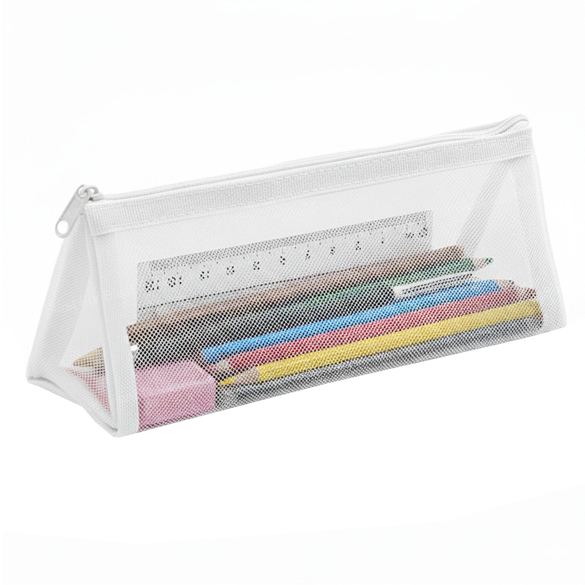 Mesh Pencil Case with Smooth Zipper, Single Layer Multi-Purpose Stationary & Pen Pouch for Boys & Girls, Transparent Stationary Bag, Organizer Pouch for Student (White-C)