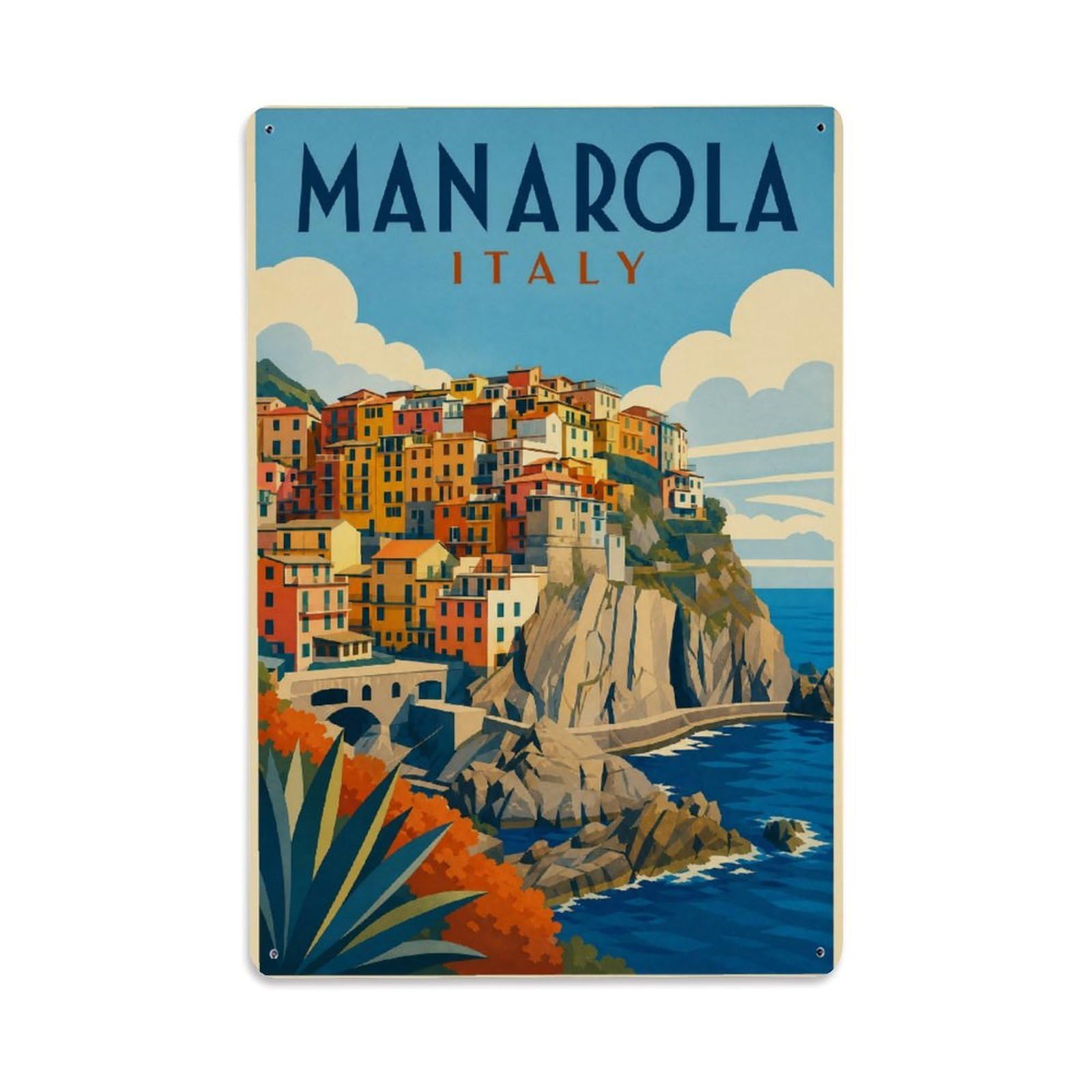 Huiyhb 8X12inch(20X30cm) Vintage Travel Manarola Colorful Houses Cliff Village Italy Metal Tin Sign
