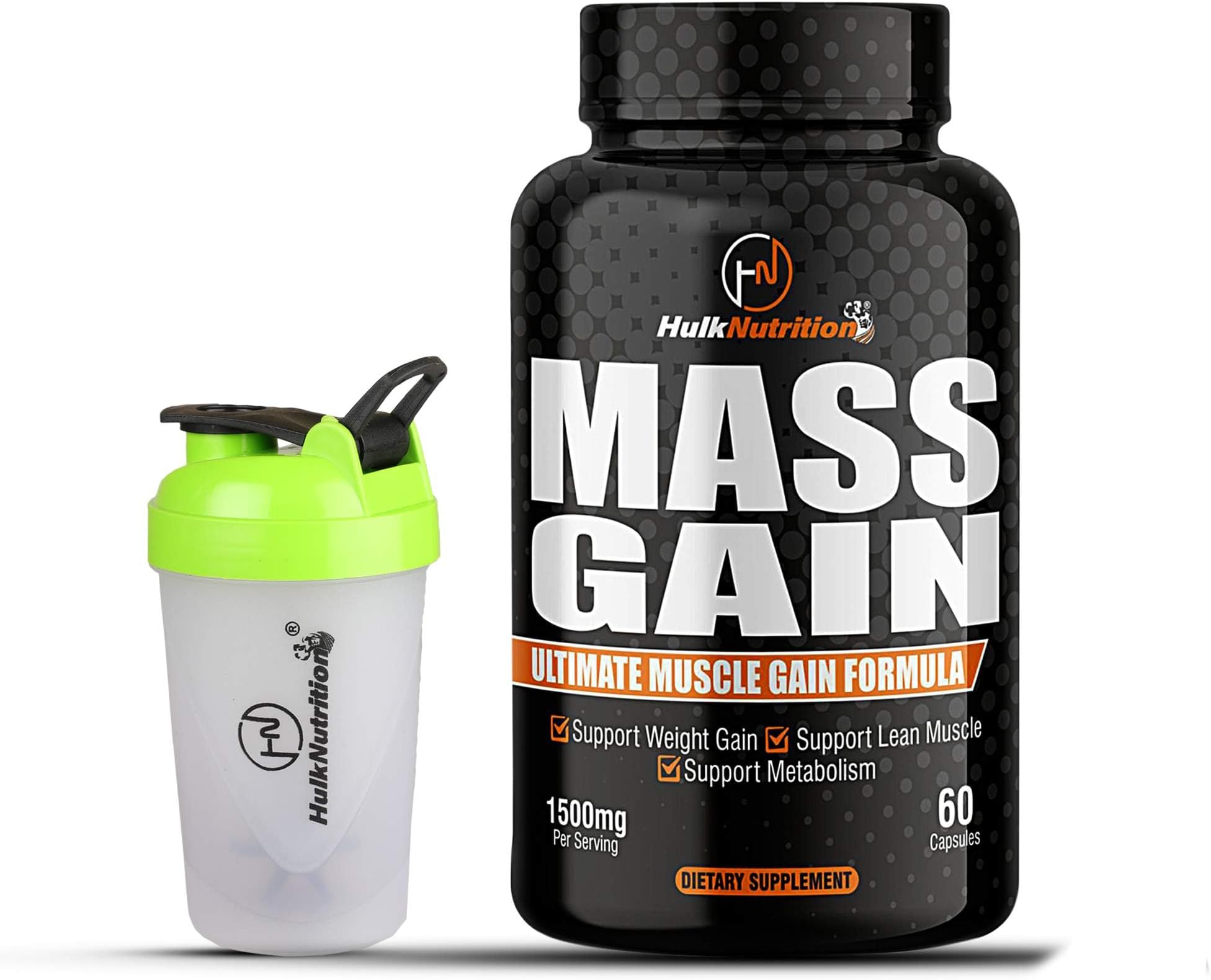 HulkNutrition Bulk Gain Mass & Weight Gainer Capsule for Fast Weight & Muscle Gain, Weight Lifters Supplement for Muscle Growth, Stamina & Strength, For Men & Women - 60 Cap. | Free Shaker