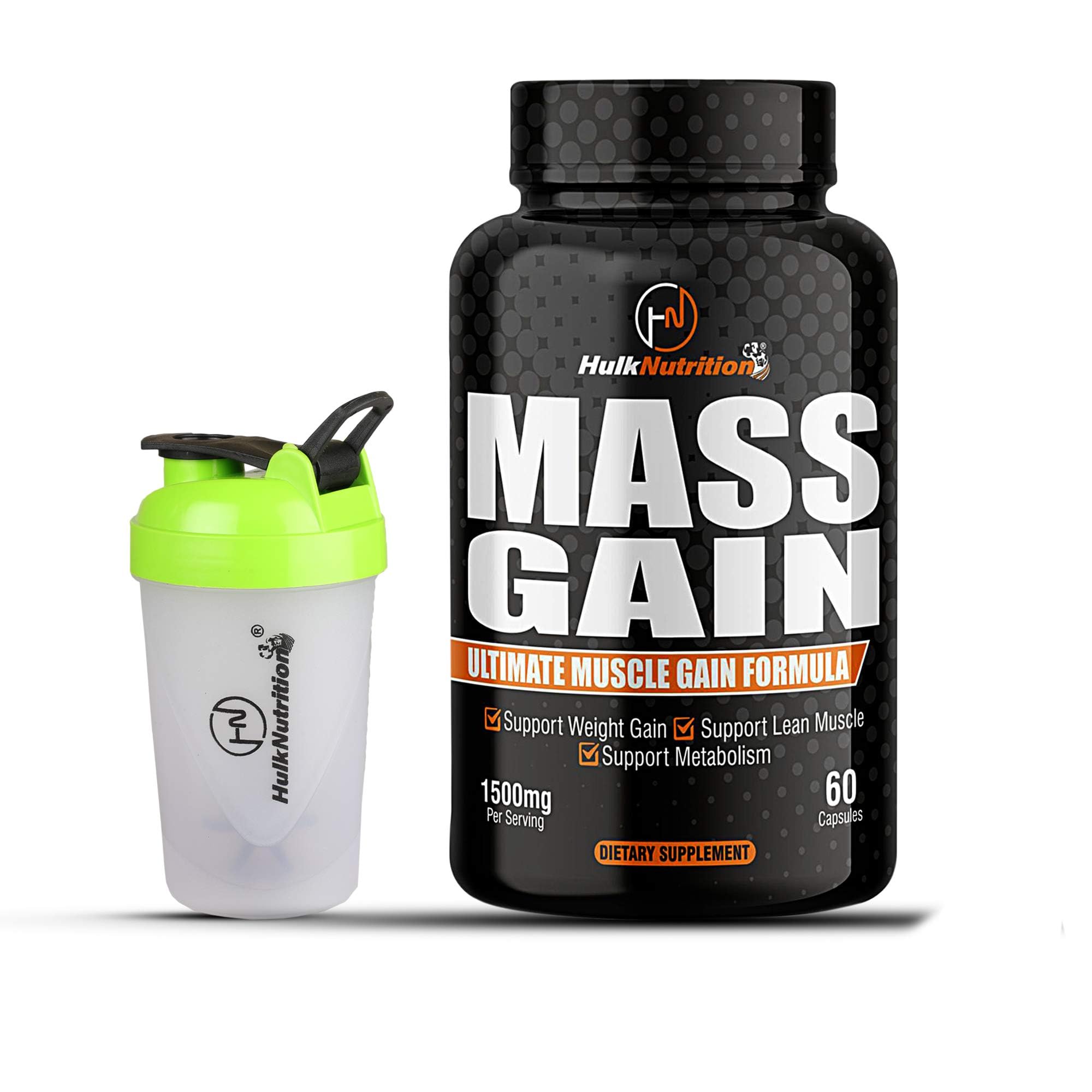 HulkNutrition Bulk Gain Mass & Weight Gainer Capsule for Fast Weight & Muscle Gain, Weight Lifters Supplement for Muscle Growth, Stamina & Strength, For Men & Women - 60 Cap. | Free Shaker