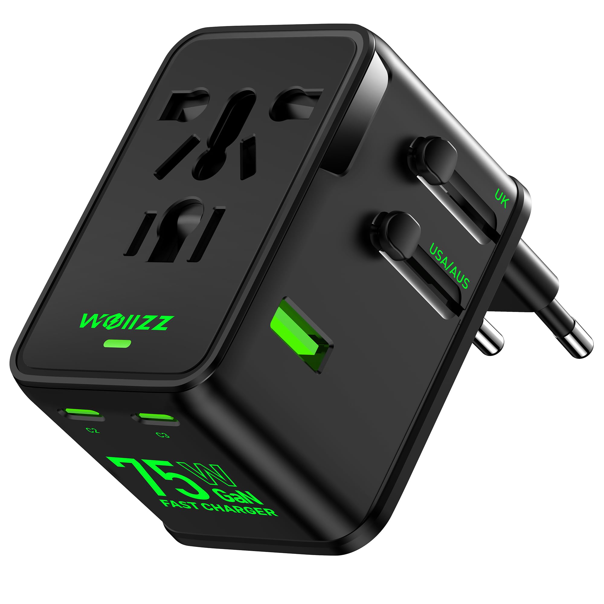 Adattatore da viaggio 75W, adattatore universale europeo GaN a ricarica rapida con 5 porte (1 AC, 1 USB-A e 3 USB-C), spina adattatore con chip intelligente per oltre 200 paesi, caricabatterie PD & QC