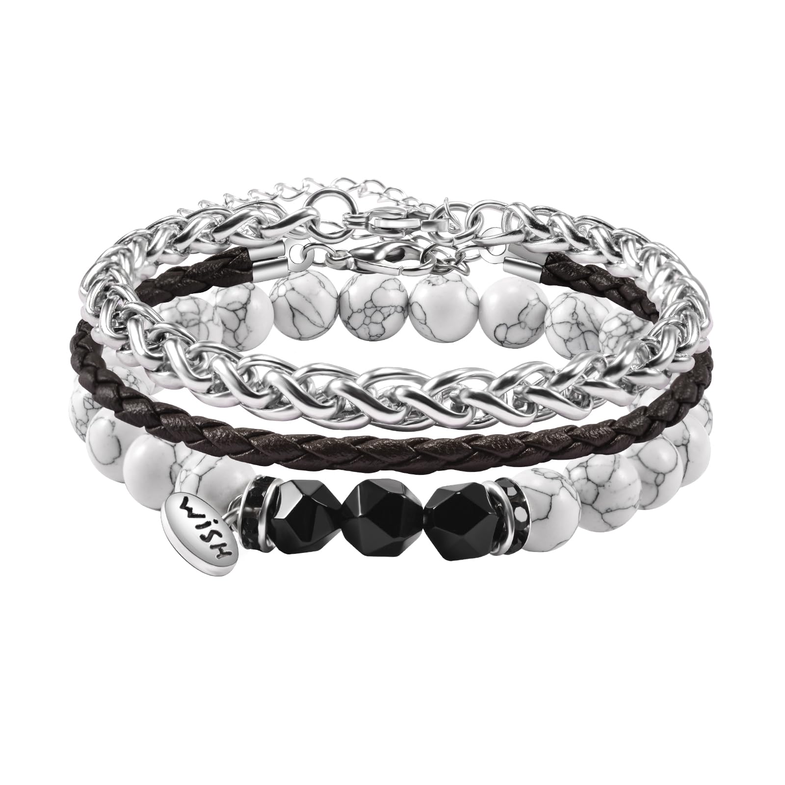 YELUWA 3 PCS Bracciali Di Pietra Bianco Turchese Africana per Uomo Con 3 Bracciale Di Ossidiana Nera in Titanio E Corda Vintage Intrecciata Mano Regali Compleanno per Ragazzi Fidanzati Moda Bracciale
