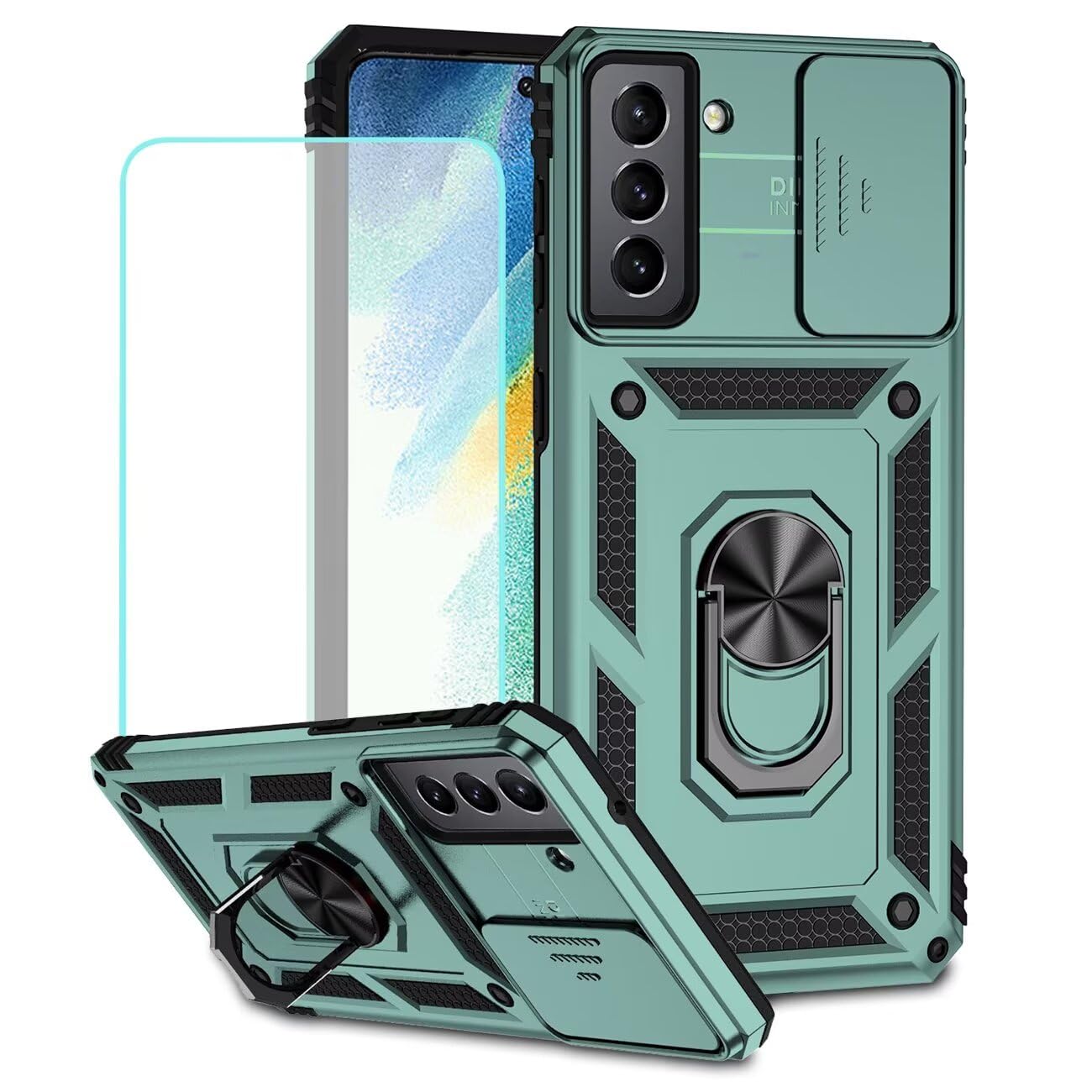 Vokuha Case for Galaxy S21 FE 5G Case,Samsung S21 FE SM-G990U Case with Tempered Glass Screen Protector and Slide Camera Cover, 360° Rotate Ring Stand