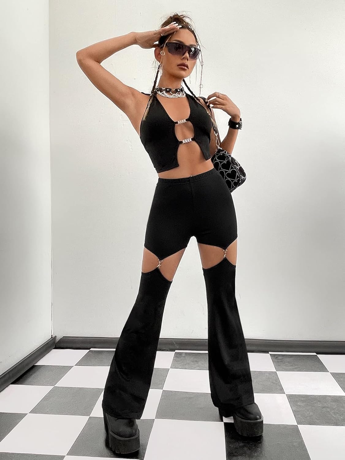 WDIRARA Flare Leggings for Women Cut Out Removable Flare Pants High Waisted Bell Bottom Pants Elastic for Concert Night Out - Image 5