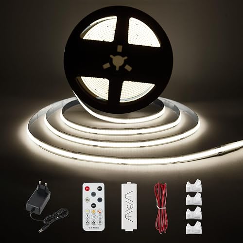 Tira LED COB Blanco, Kit de Tira de Luz para Bajo Gabinete con Control Remoto RF para Vitrina, Cocina, Escritorio, Estante, Armario, Incluye Adaptador de 24V (Blanca Frio, 3 Metro)