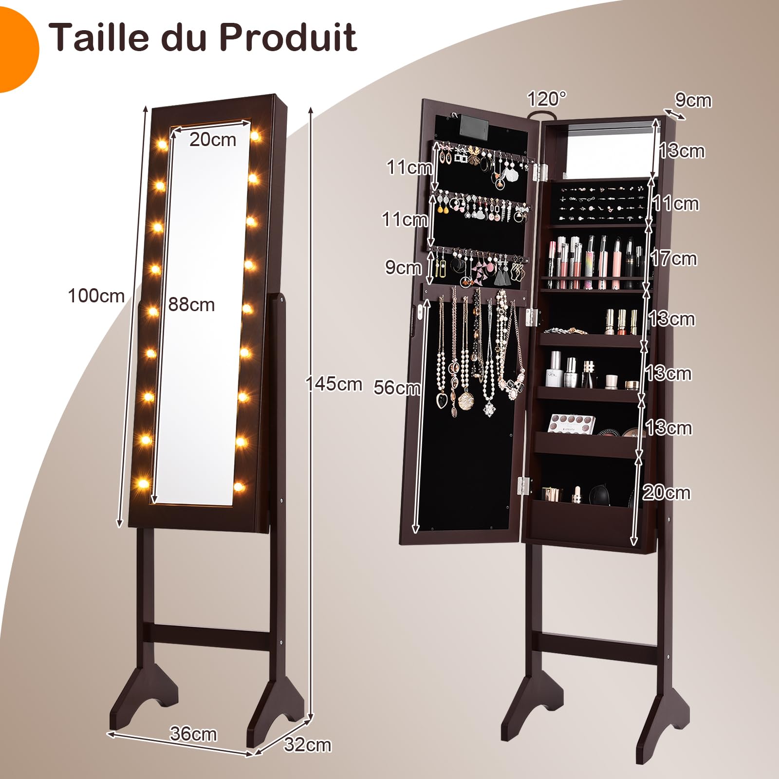 GOPLUS Armoire à Bijoux, Armoire a Bijoux avec Miroir sur Pied avec Lumières LED, Miroir Intégré, Organisateur de Bijoux Verrouillable avec Crochet de Collier, 4 Etagères (Marron)